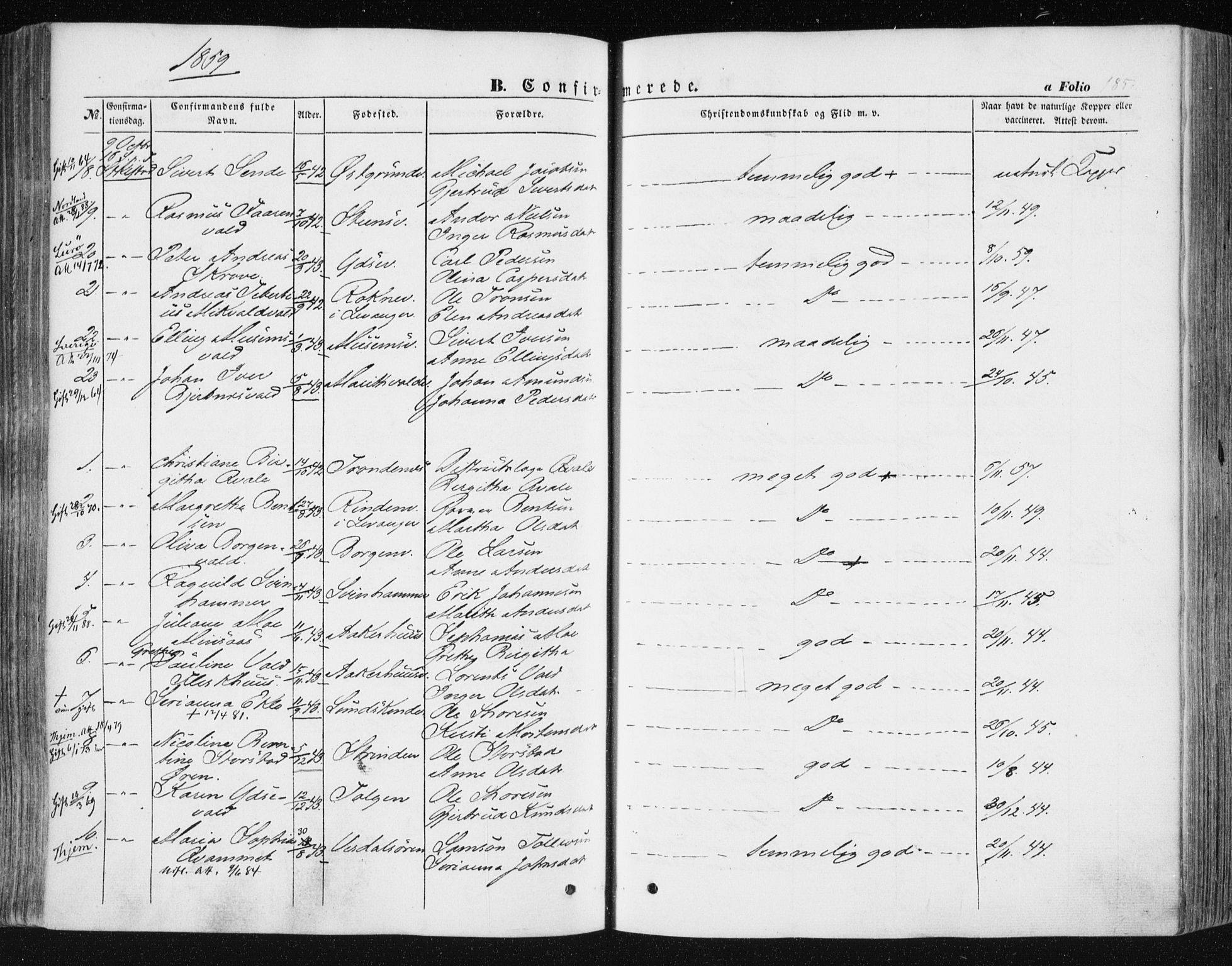 Ministerialprotokoller, klokkerbøker og fødselsregistre - Nord-Trøndelag, AV/SAT-A-1458/723/L0240: Parish register (official) no. 723A09, 1852-1860, p. 185