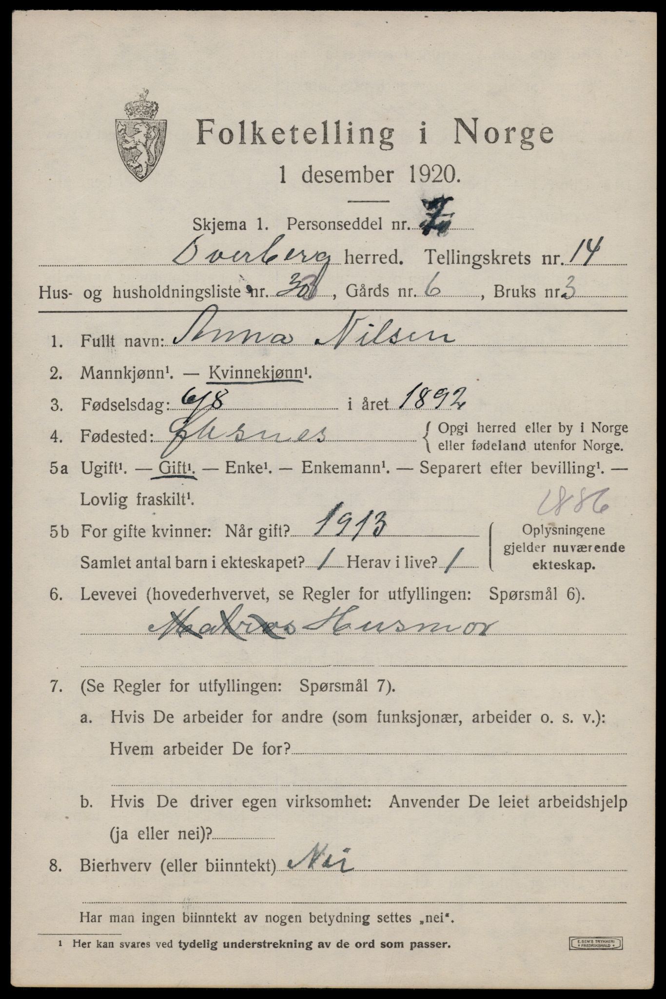 SAT, 1920 census for Dverberg, 1920, p. 10978