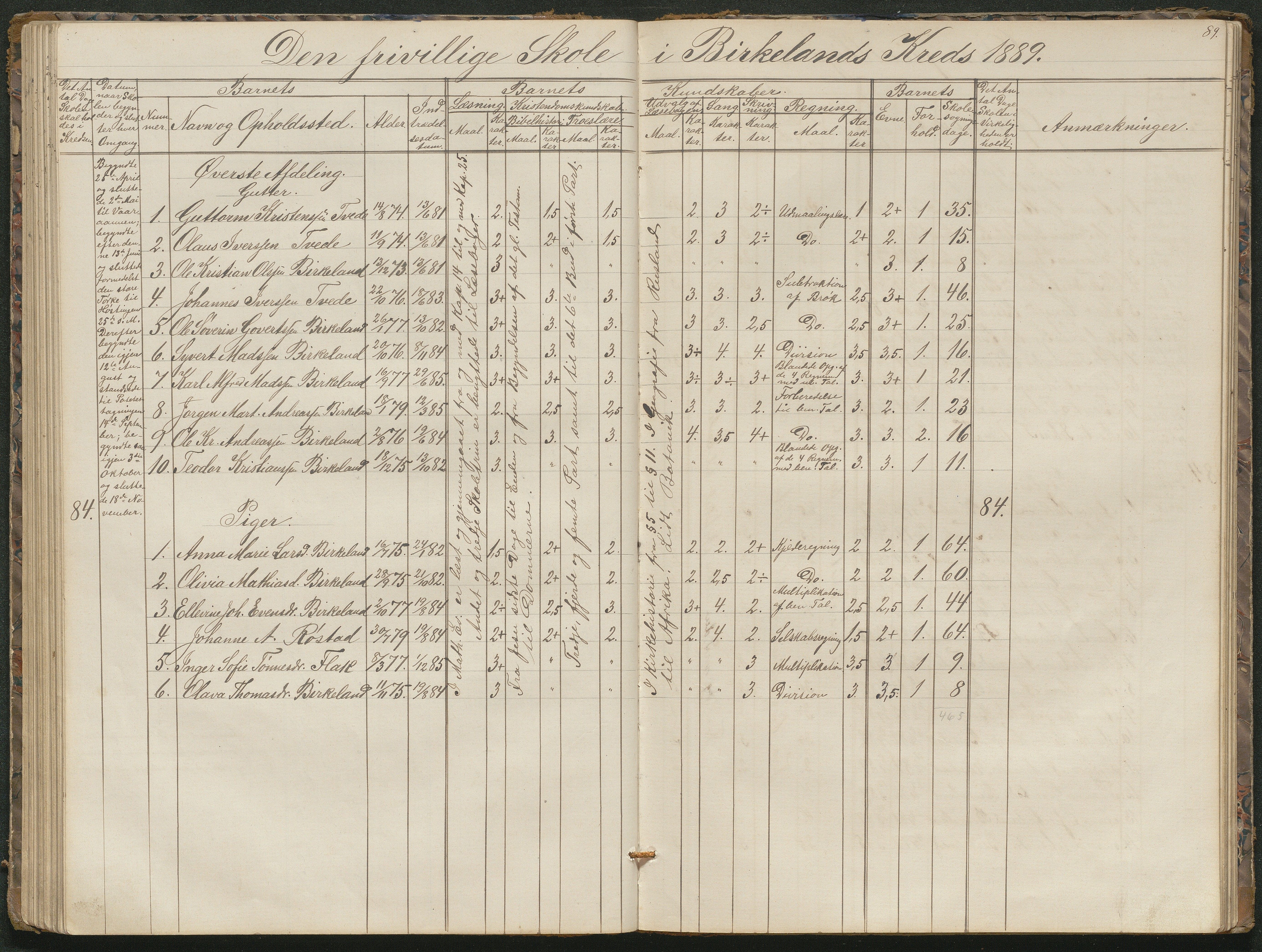 Birkenes kommune, Birkenes krets/Birkeland folkeskole frem til 1991, AAMA/KA0928-550a_91/F02/L0001: Skoleprotokoll, 1862-1896, p. 89