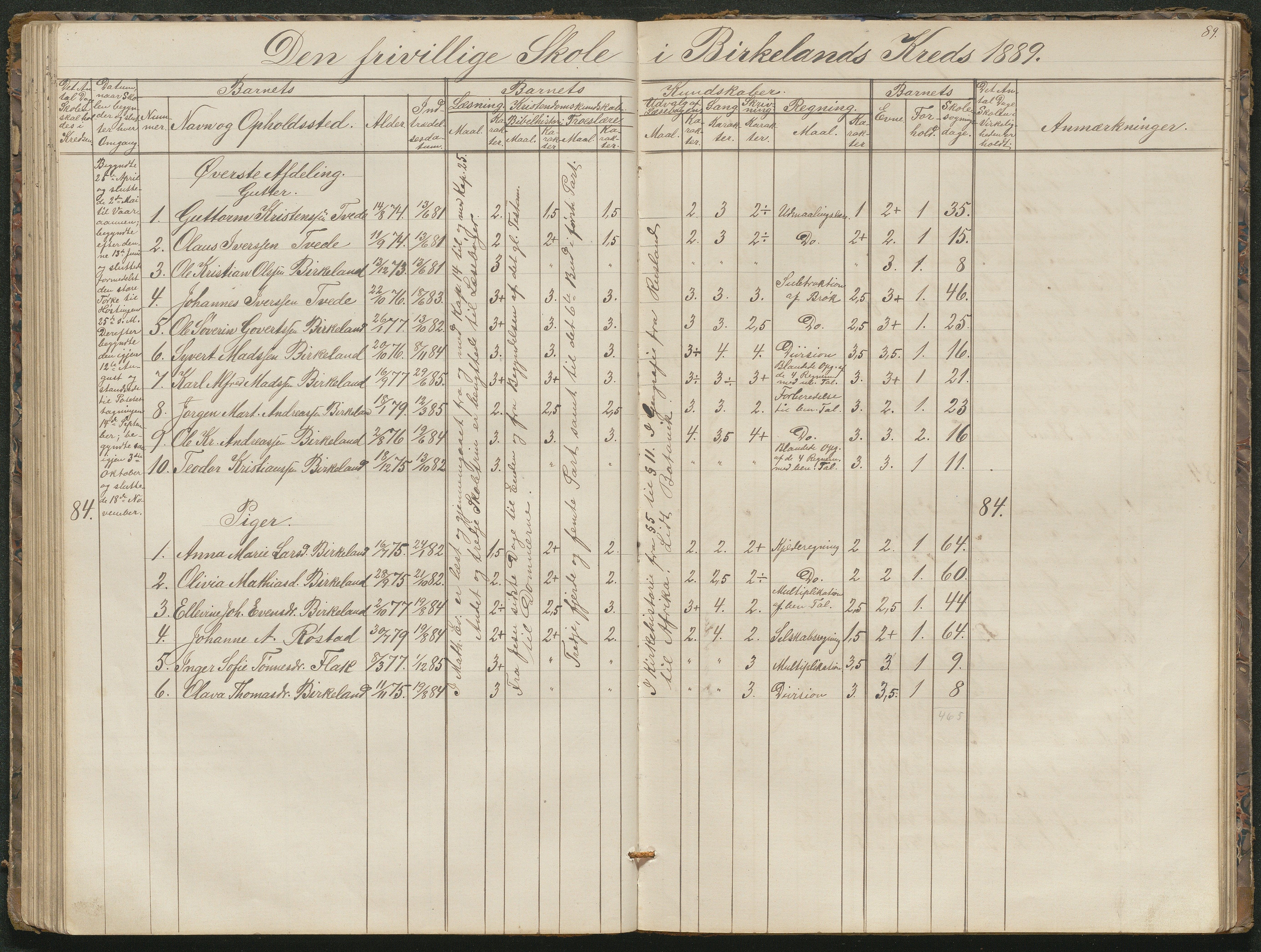 Birkenes kommune, Birkenes krets/Birkeland folkeskole frem til 1991, AAKS/KA0928-550a_91/F02/L0001: Skoleprotokoll, 1862-1896, p. 89