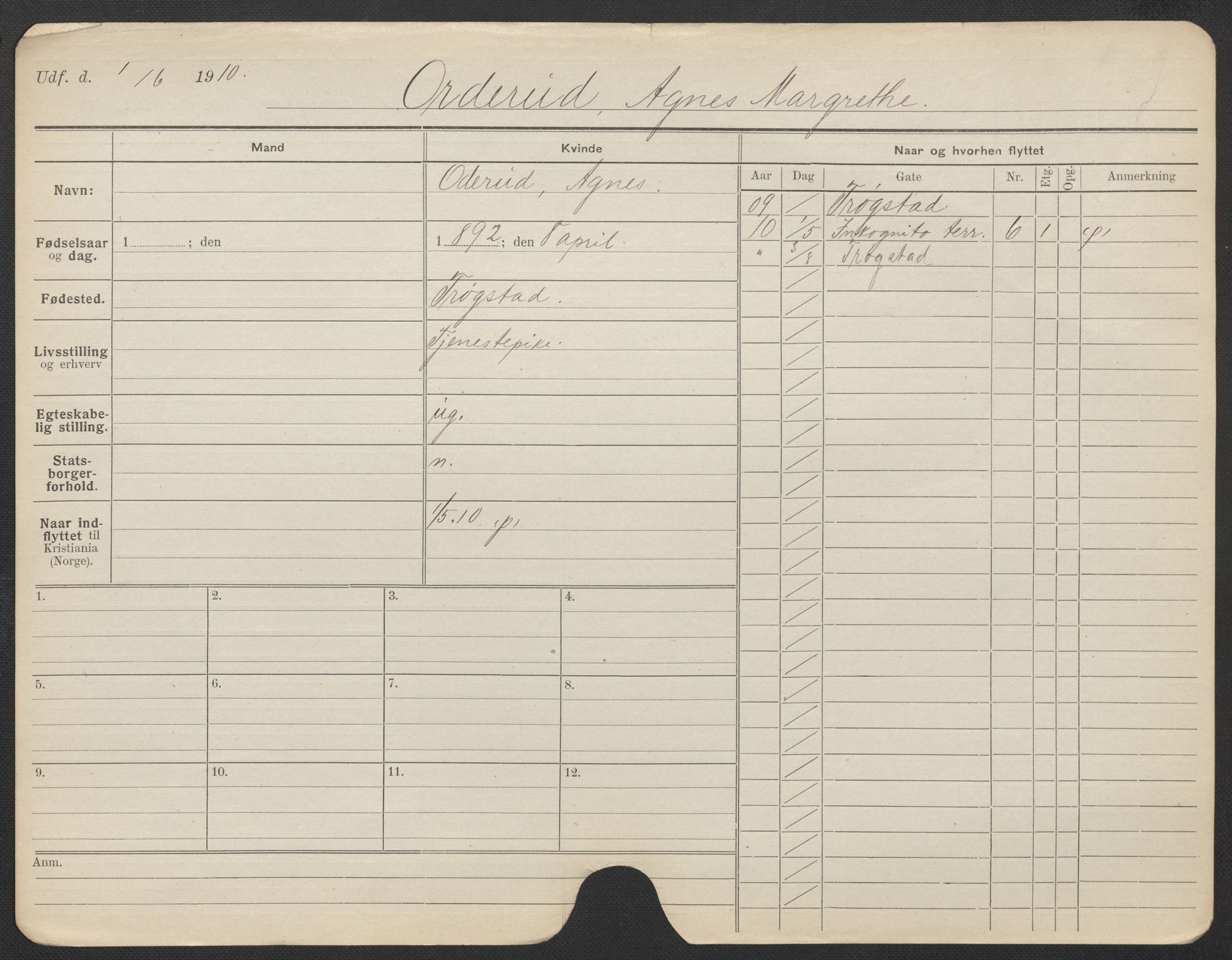 Oslo folkeregister, Registerkort, AV/SAO-A-11715/F/Fa/Fac/L0022: Kvinner, 1906-1914, p. 452a