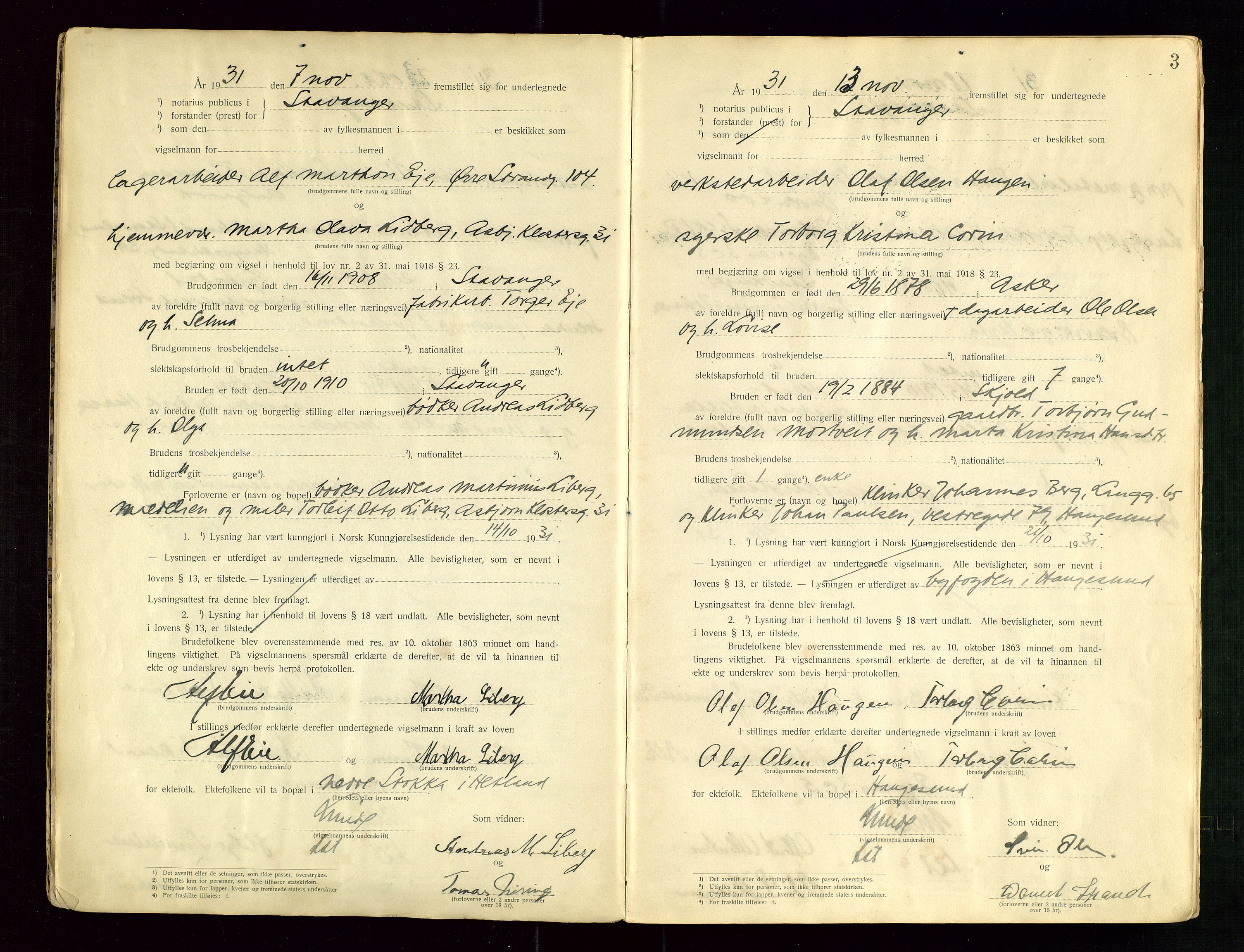 Stavanger byrett, AV/SAST-A-100455/001/6/62/62B/L0001: Vigselsprotokoll, 1931-1935, p. 3