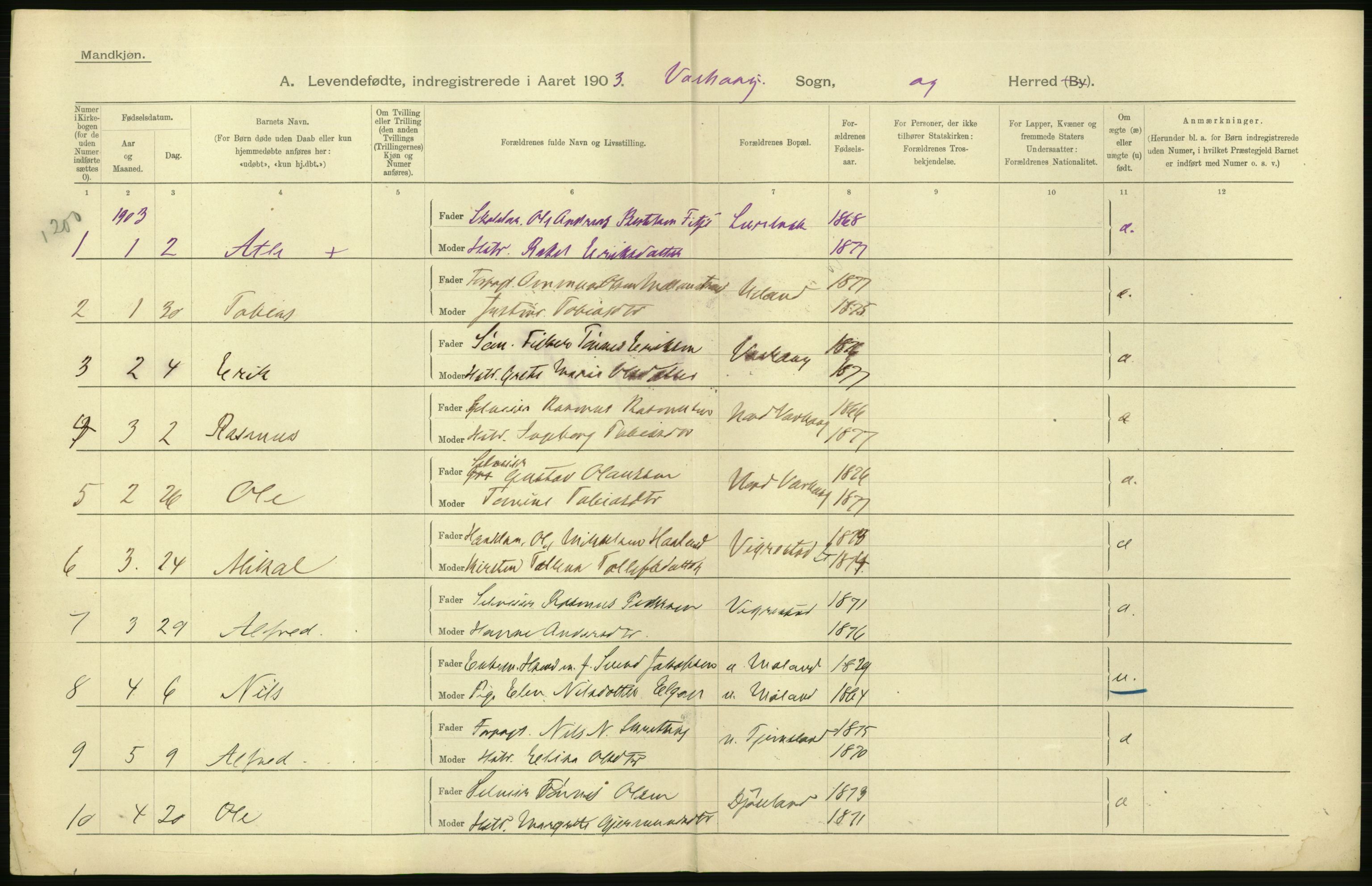 Statistisk sentralbyrå, Sosiodemografiske emner, Befolkning, AV/RA-S-2228/D/Df/Dfa/Dfaa/L0012: Stavanger amt: Fødte, gifte, døde, 1903, p. 54