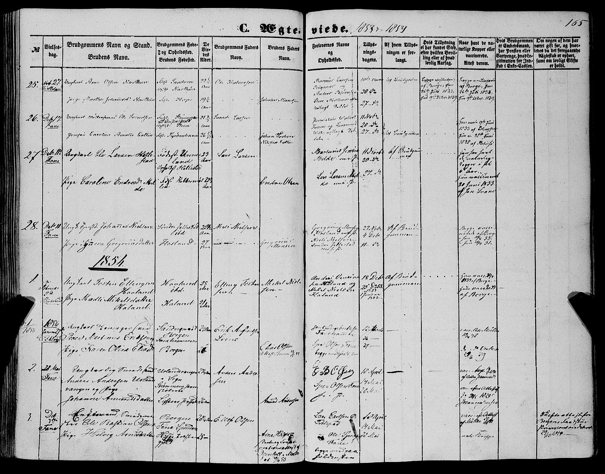 Fana Sokneprestembete, SAB/A-75101/H/Haa/Haaa/L0011: Parish register (official) no. A 11, 1851-1862, p. 165