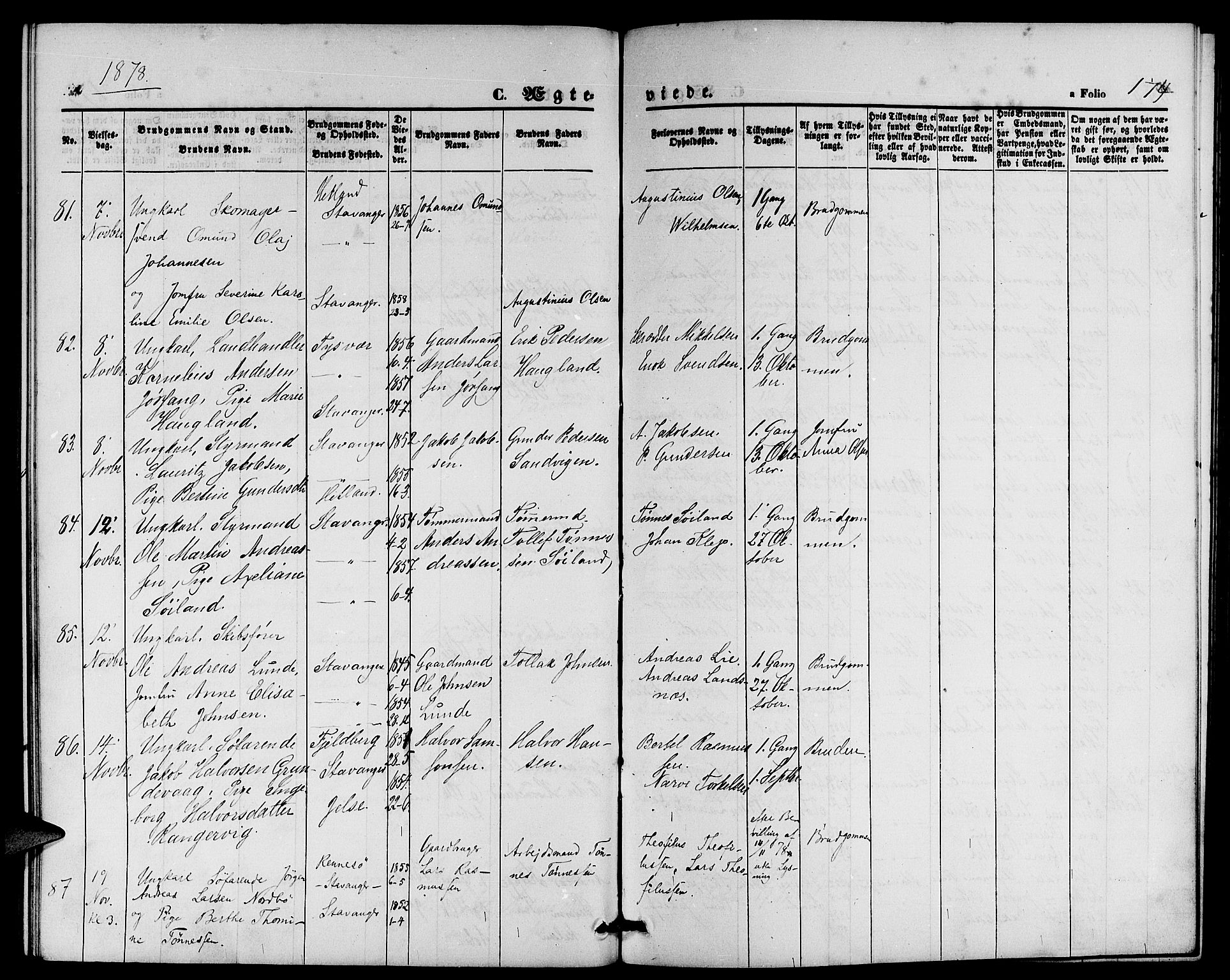 St. Petri sokneprestkontor, AV/SAST-A-101813/001/30/30BB/L0002: Parish register (copy) no. B 2, 1865-1885, p. 174