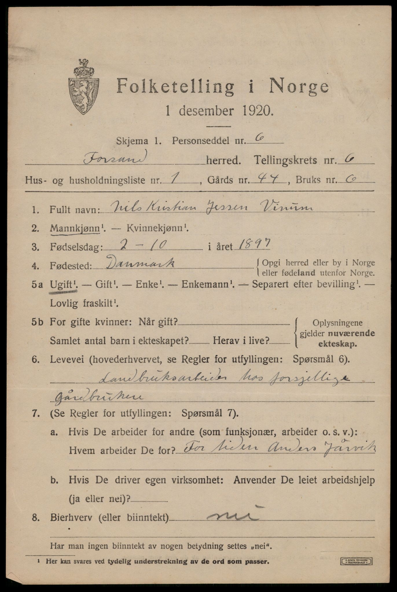 SAST, 1920 census for Forsand, 1920, p. 2775