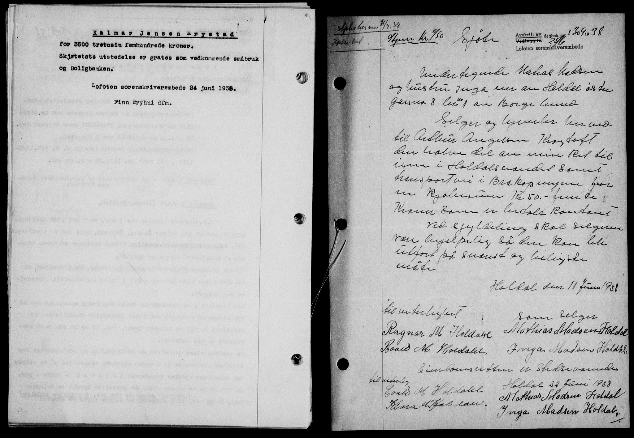 Lofoten sorenskriveri, SAT/A-0017/1/2/2C/L0004a: Mortgage book no. 4a, 1938-1938, Diary no: : 1309/1938
