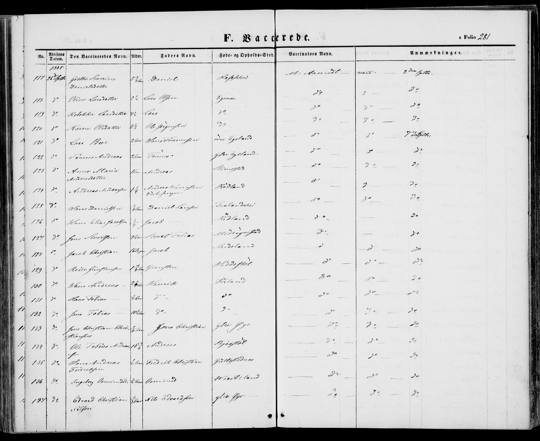 Kvinesdal sokneprestkontor, AV/SAK-1111-0026/F/Fa/Fab/L0005: Parish register (official) no. A 5, 1844-1857, p. 281