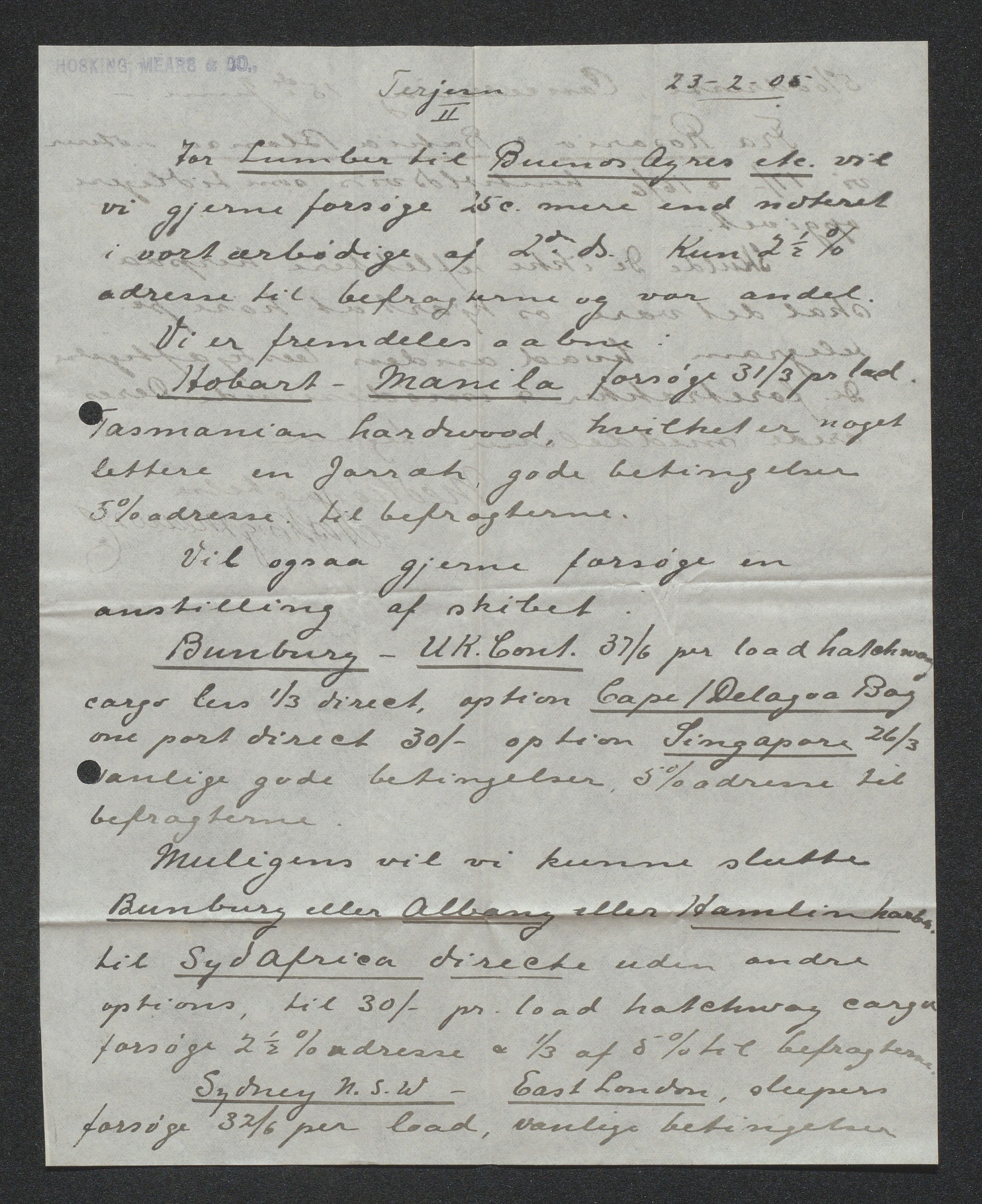 O. Terjesens rederi, AAKS/PA-2525/E/E01/L0013: Korrespondanse, 1904-1905