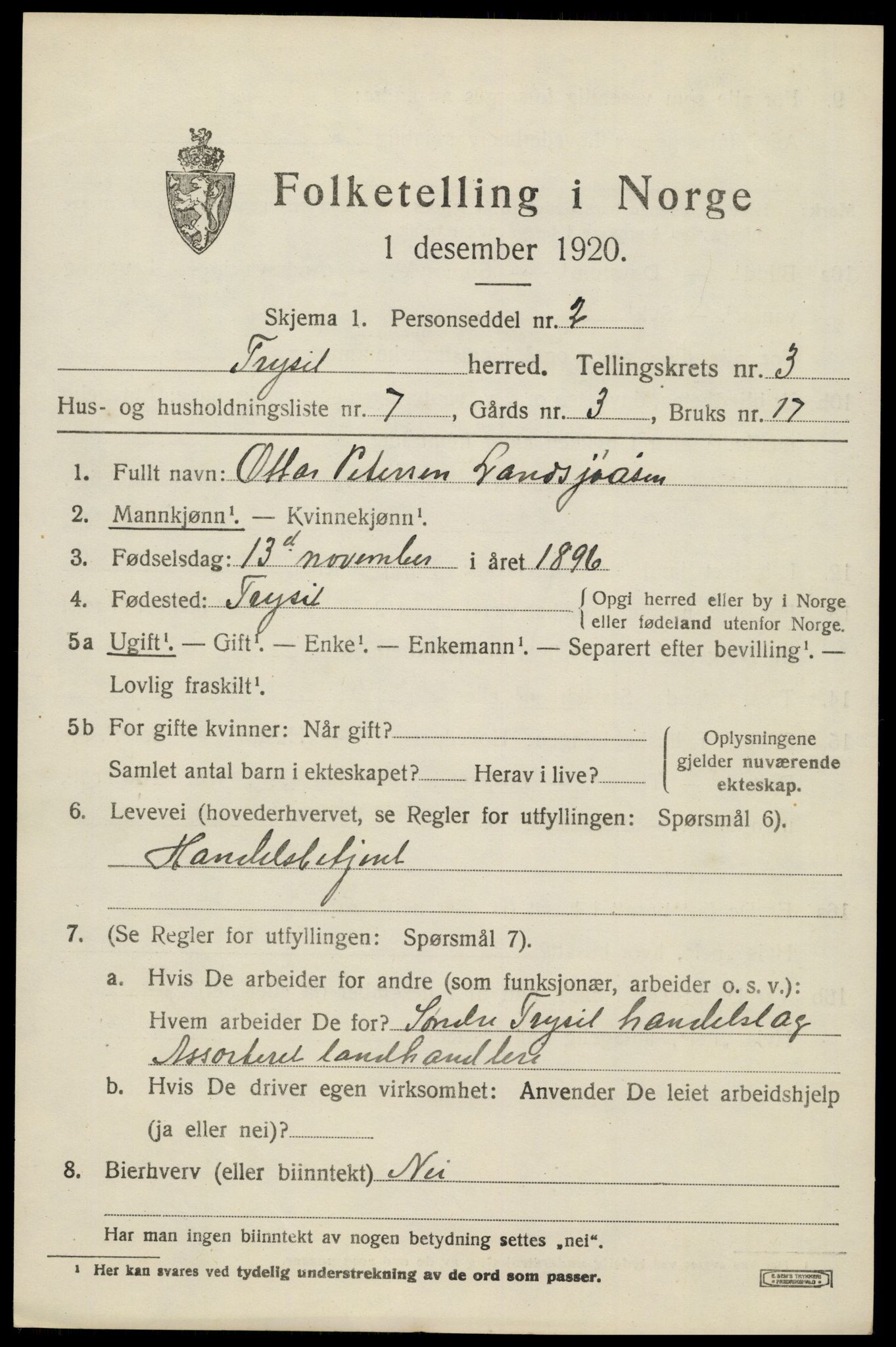 SAH, 1920 census for Trysil, 1920, p. 3557