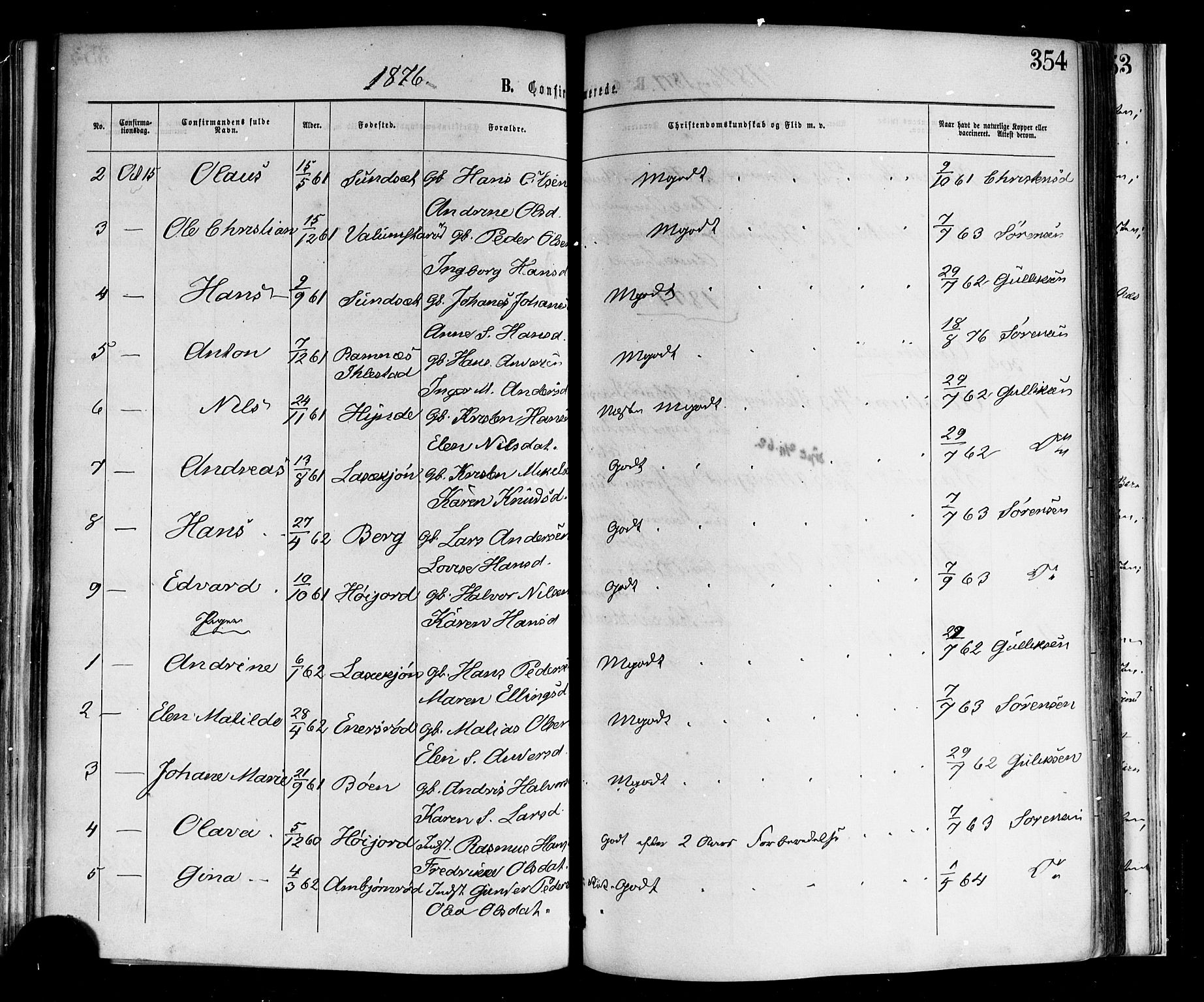 Andebu kirkebøker, AV/SAKO-A-336/F/Fa/L0006: Parish register (official) no. 6, 1871-1878, p. 354