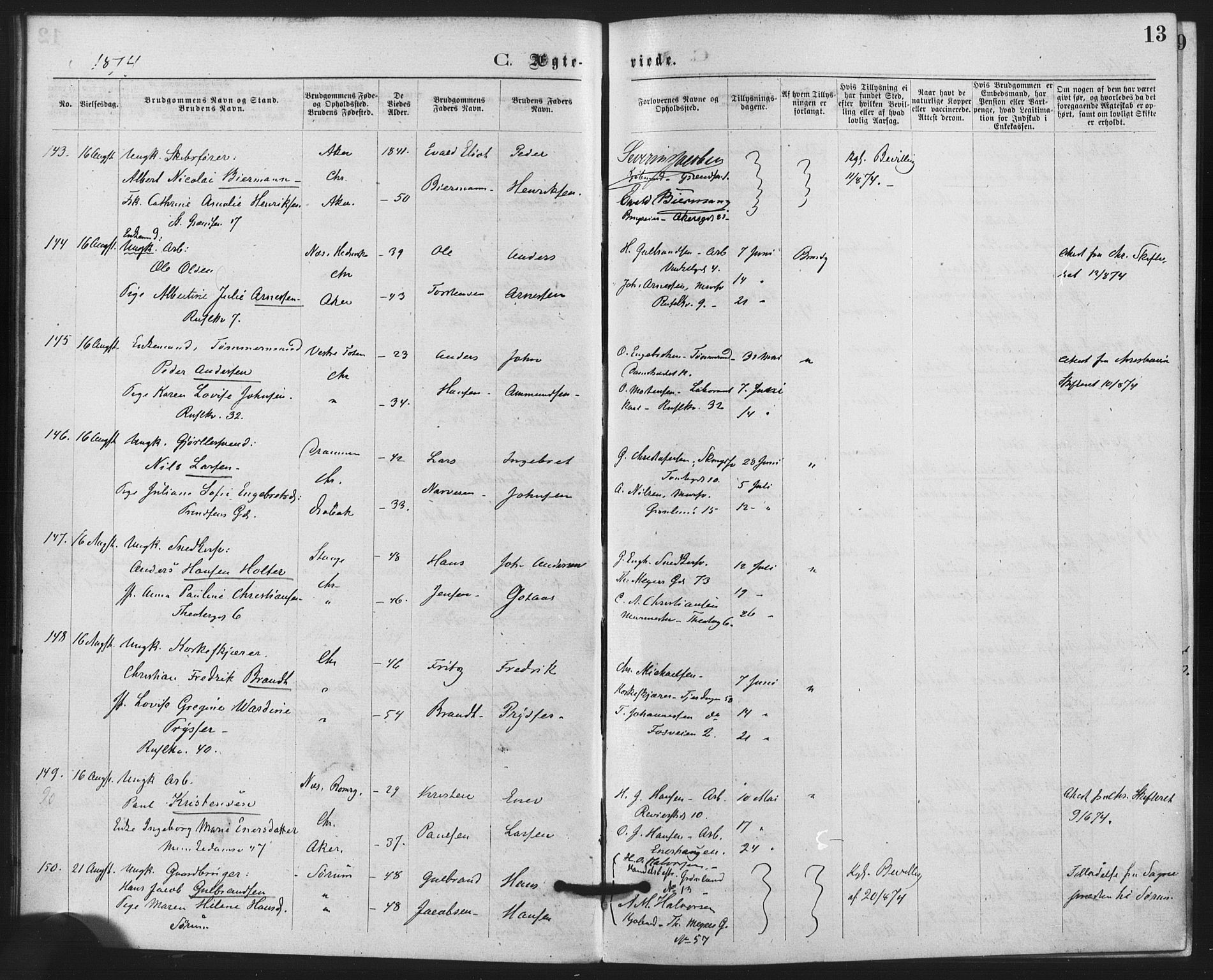 Trefoldighet prestekontor Kirkebøker, SAO/A-10882/F/Fc/L0002: Parish register (official) no. III 2, 1874-1881, p. 13