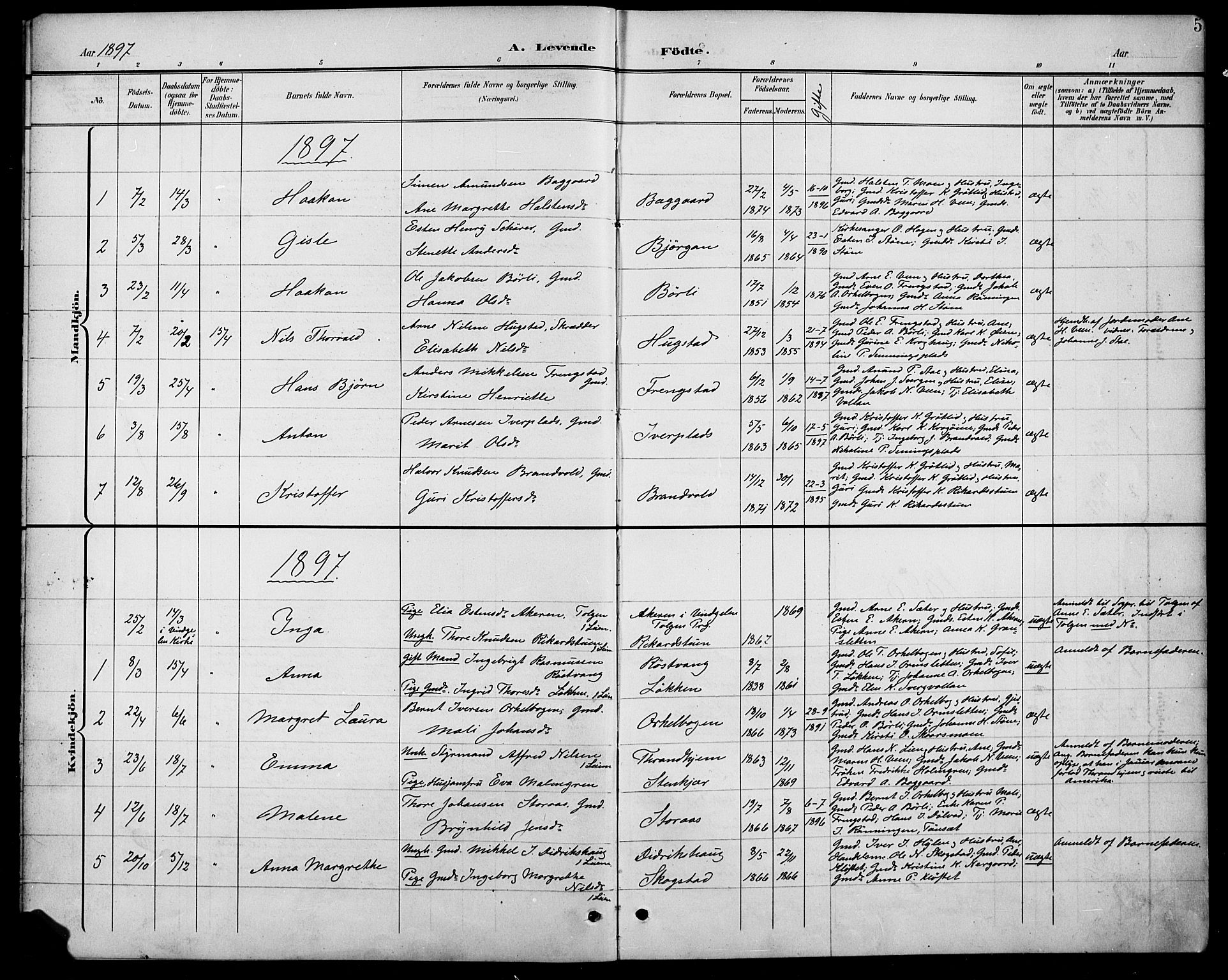 Kvikne prestekontor, SAH/PREST-064/H/Ha/Hab/L0003: Parish register (copy) no. 3, 1896-1918, p. 5