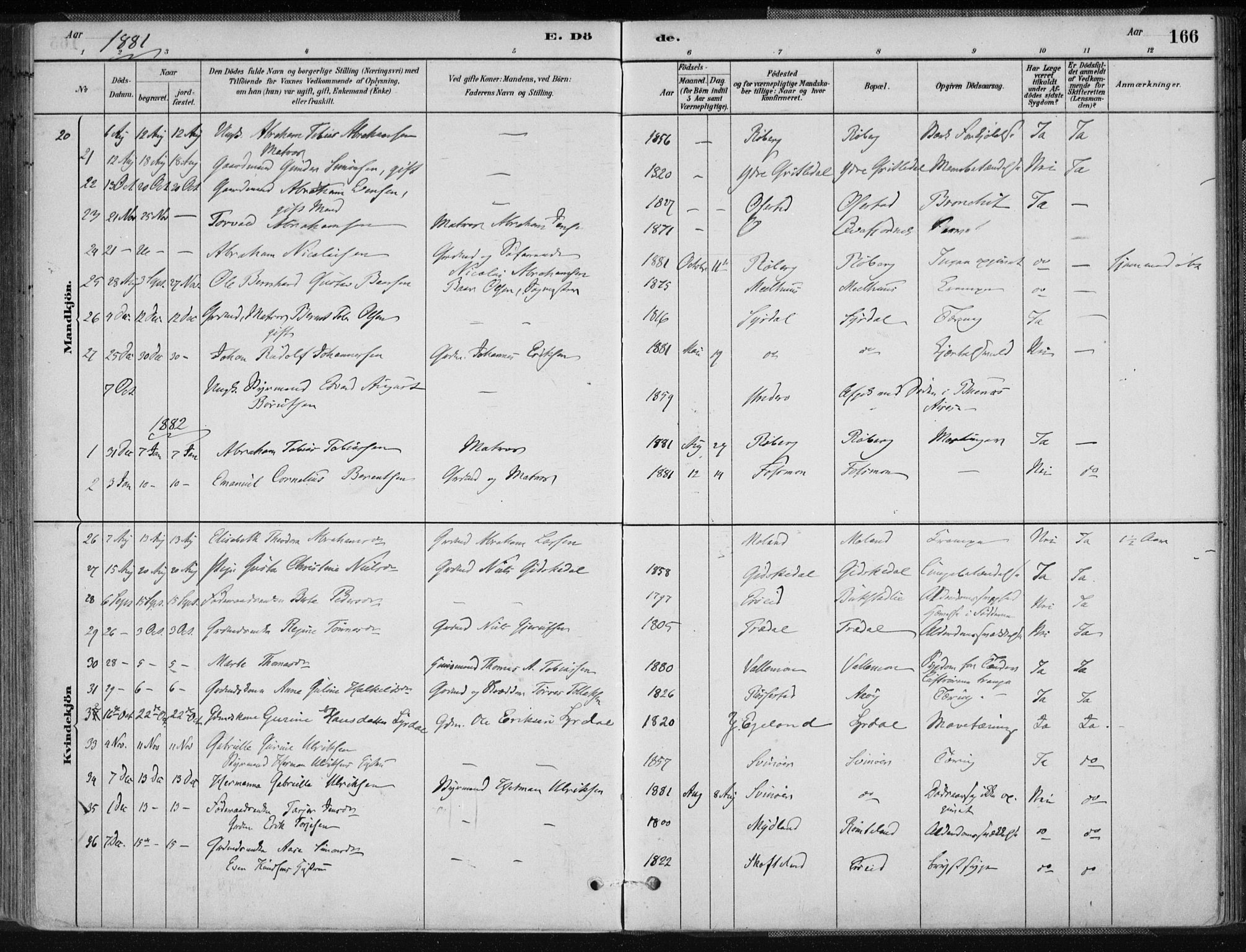 Sør-Audnedal sokneprestkontor, AV/SAK-1111-0039/F/Fa/Fab/L0009: Parish register (official) no. A 9, 1880-1895, p. 166