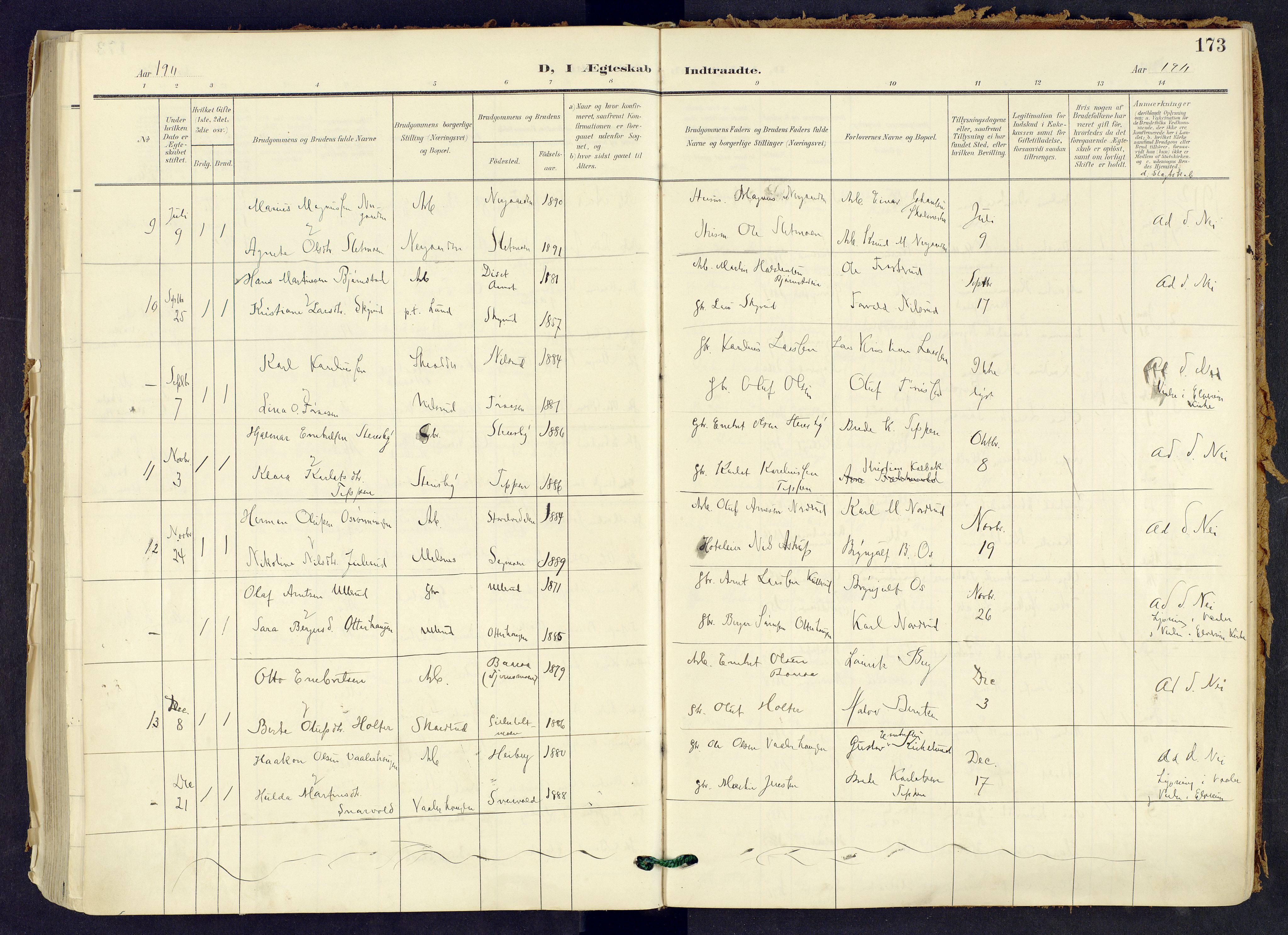 Våler prestekontor, Hedmark, AV/SAH-PREST-040/H/Ha/Haa/L0008: Parish register (official) no. 8, 1905-1921, p. 173