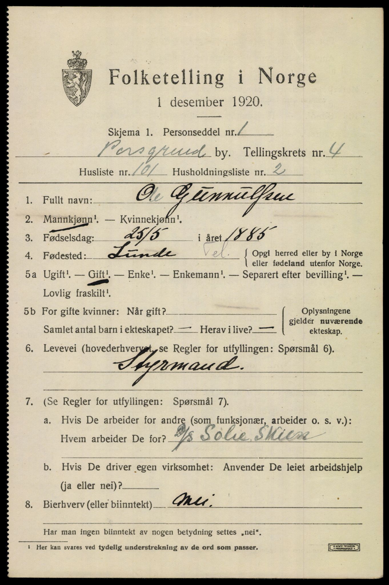 SAKO, 1920 census for Porsgrunn, 1920, p. 19873