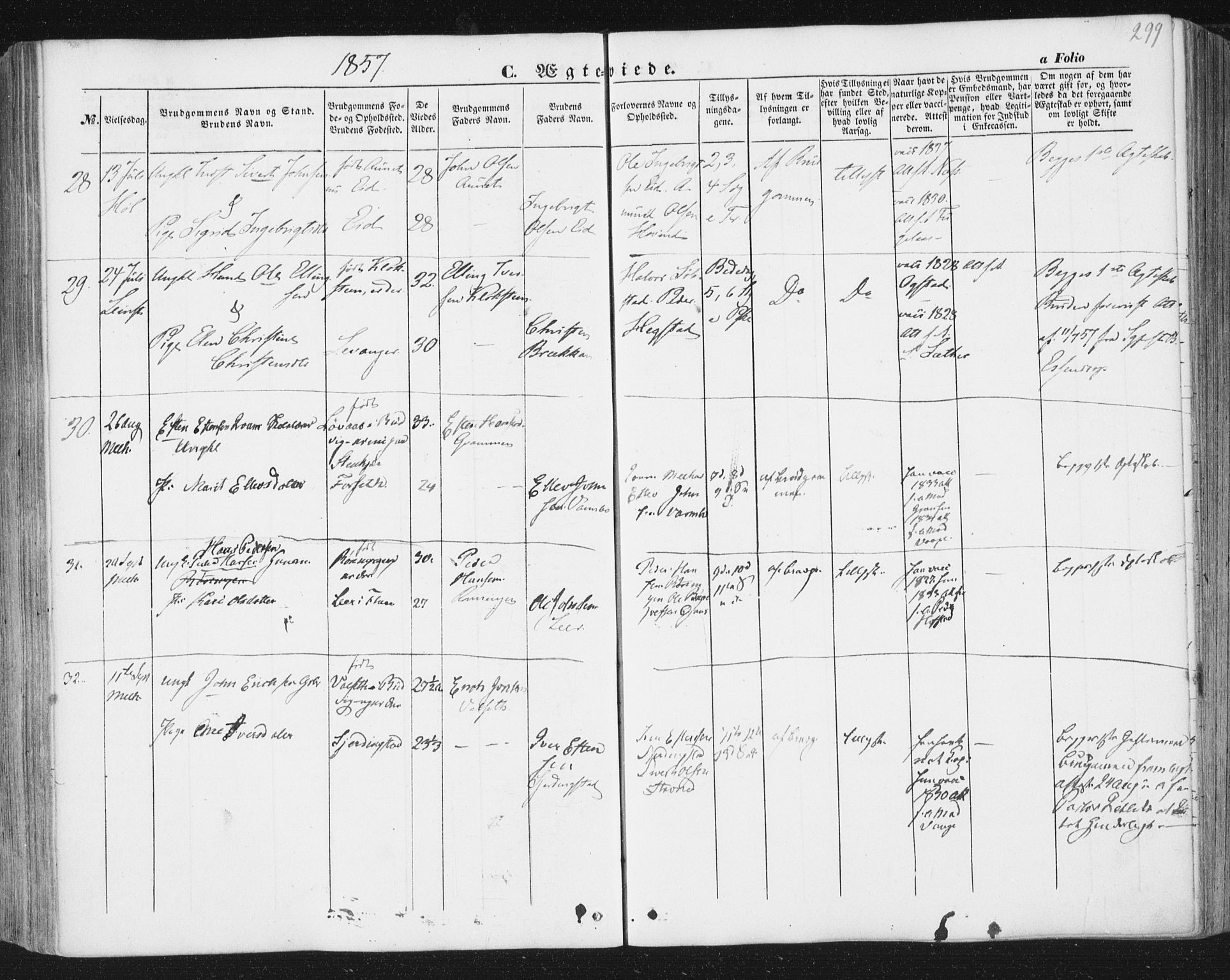 Ministerialprotokoller, klokkerbøker og fødselsregistre - Sør-Trøndelag, SAT/A-1456/691/L1076: Parish register (official) no. 691A08, 1852-1861, p. 299