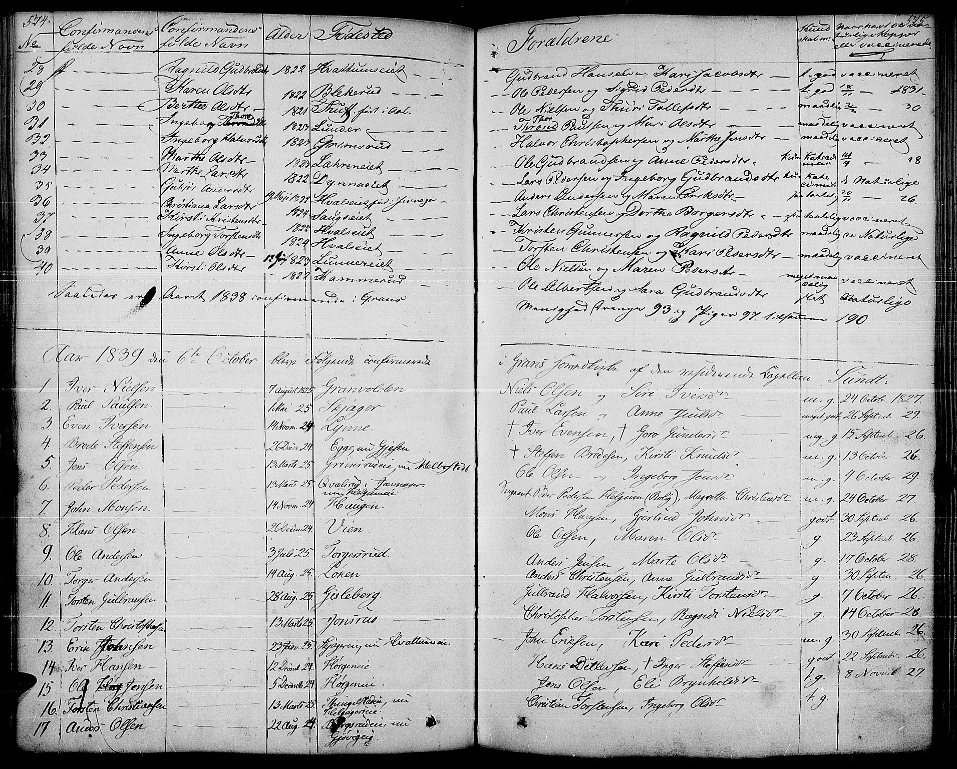 Gran prestekontor, SAH/PREST-112/H/Ha/Haa/L0010: Parish register (official) no. 10, 1824-1842, p. 574-575
