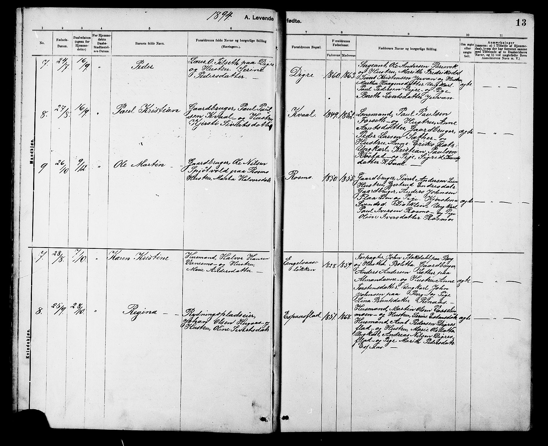 Ministerialprotokoller, klokkerbøker og fødselsregistre - Sør-Trøndelag, AV/SAT-A-1456/608/L0341: Parish register (copy) no. 608C07, 1890-1912, p. 13