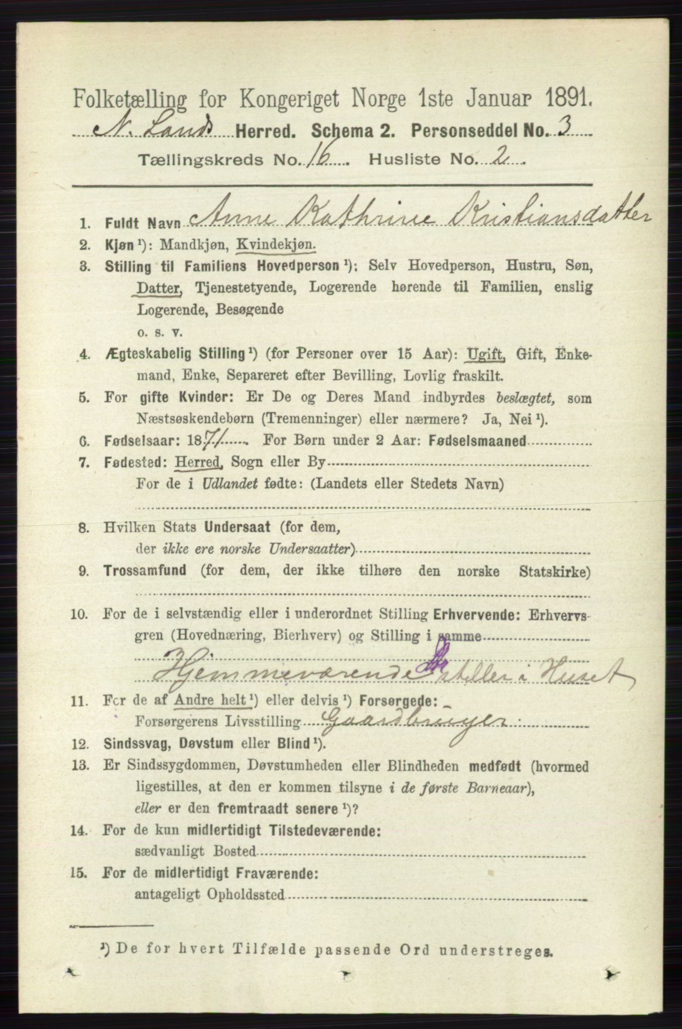 RA, 1891 census for 0538 Nordre Land, 1891, p. 4149