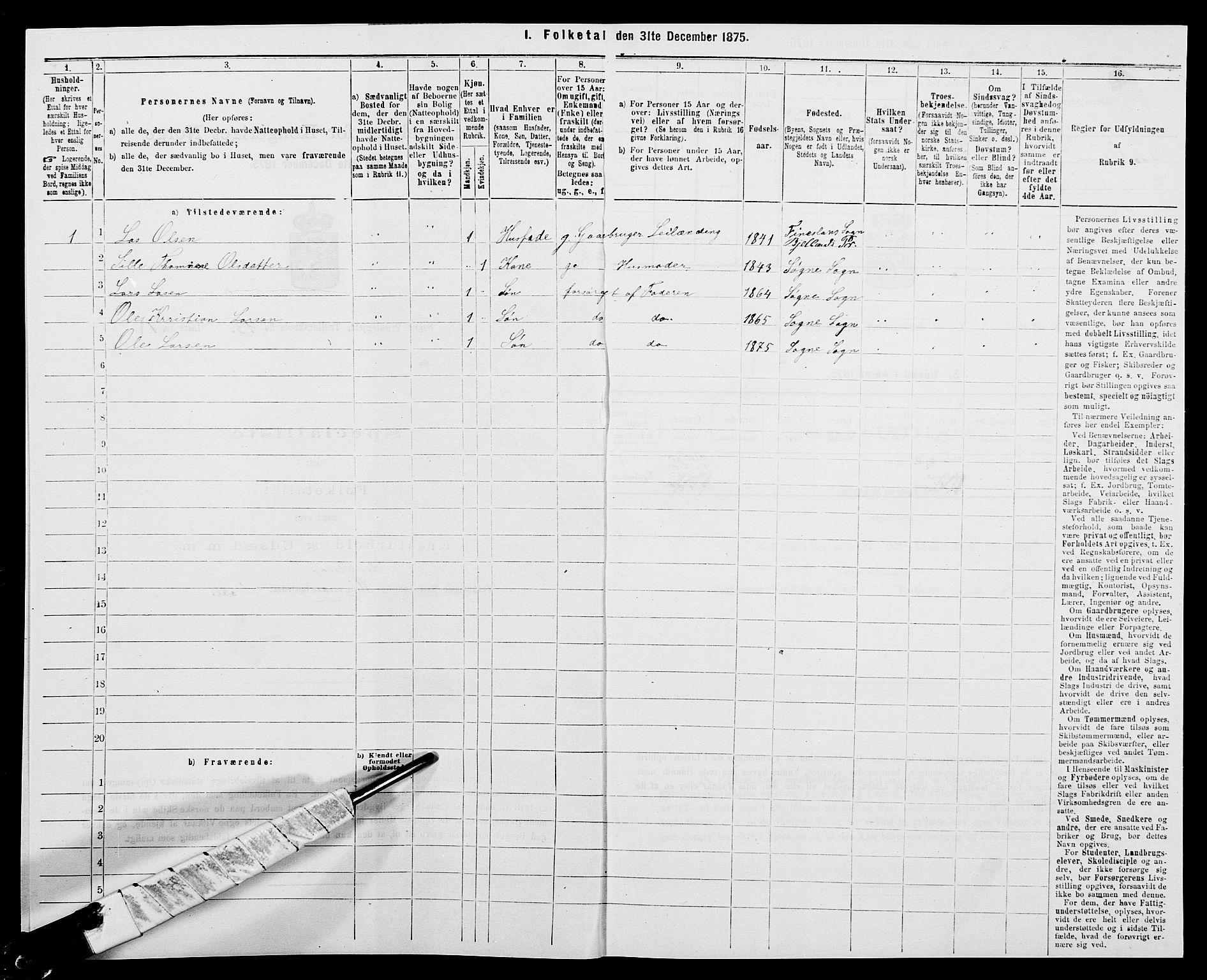 SAK, 1875 census for 1018P Søgne, 1875, p. 917