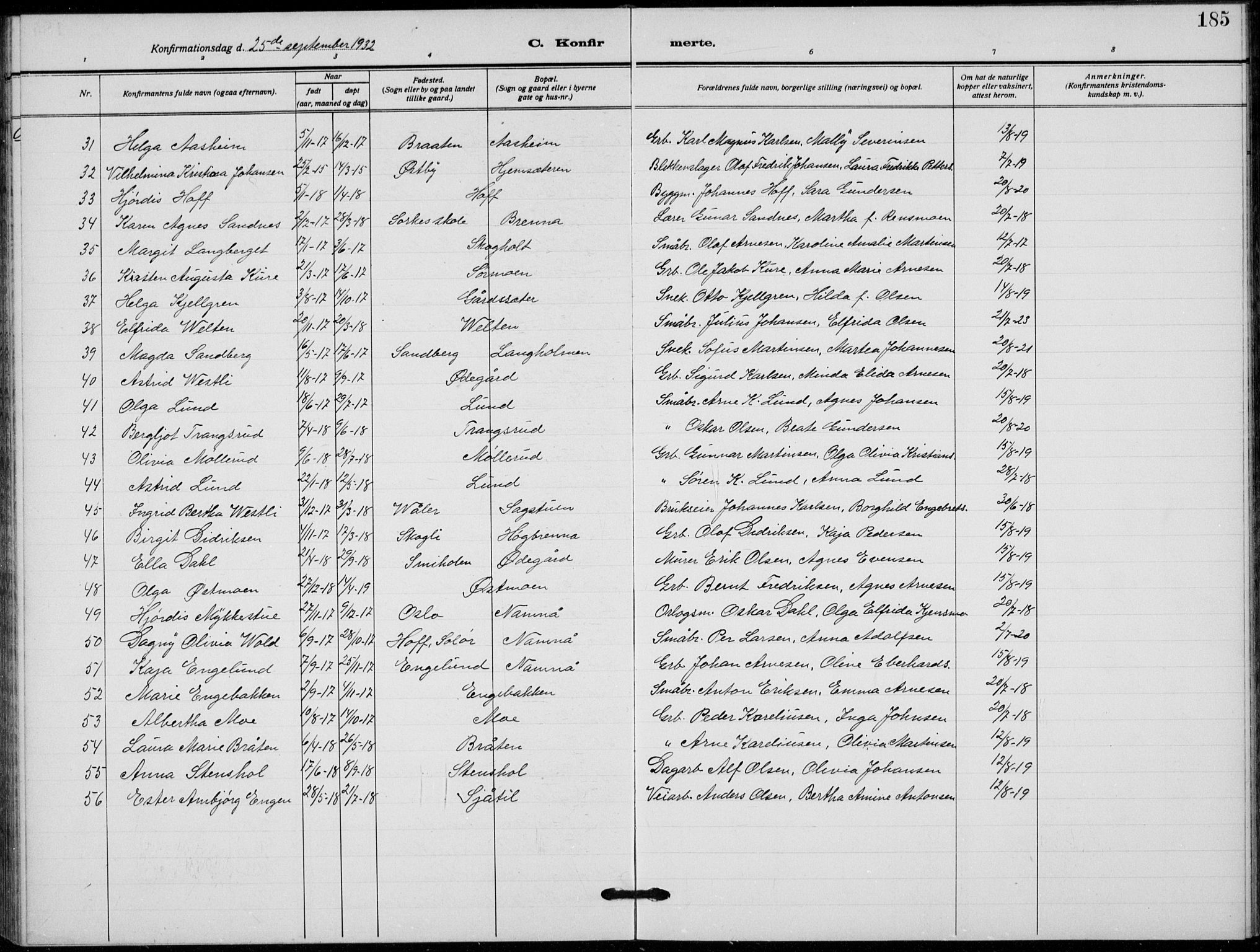 Grue prestekontor, SAH/PREST-036/H/Ha/Hab/L0008: Parish register (copy) no. 8, 1921-1934, p. 185