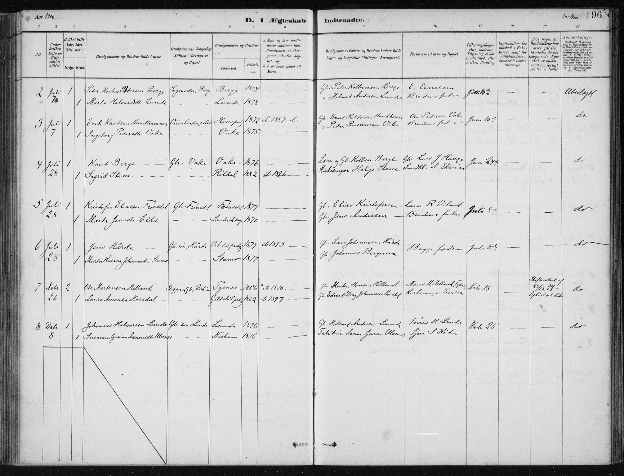 Fjelberg sokneprestembete, AV/SAB-A-75201/H/Haa: Parish register (official) no. D 1, 1879-1918, p. 196