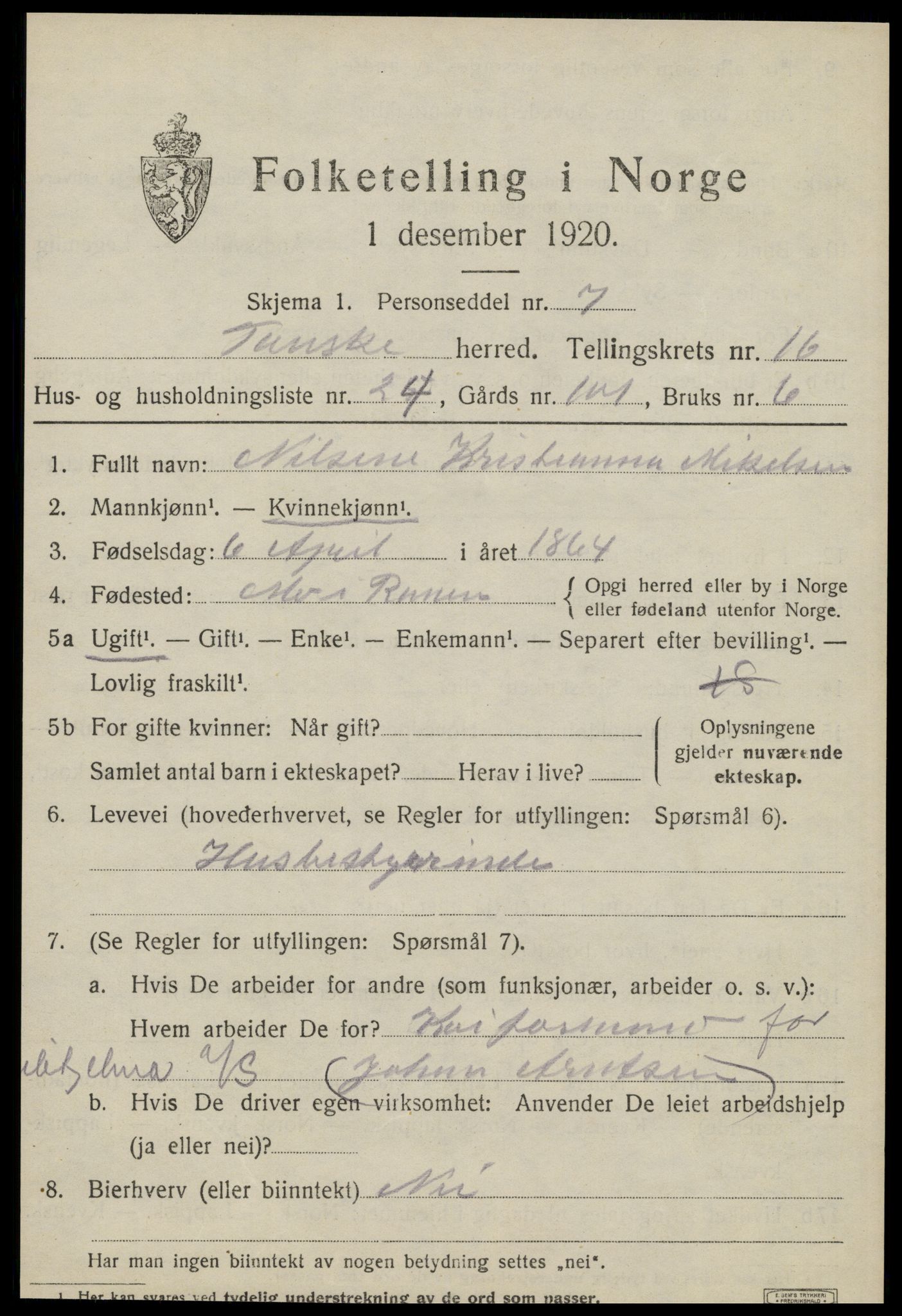 SAT, 1920 census for Fauske, 1920, p. 10106