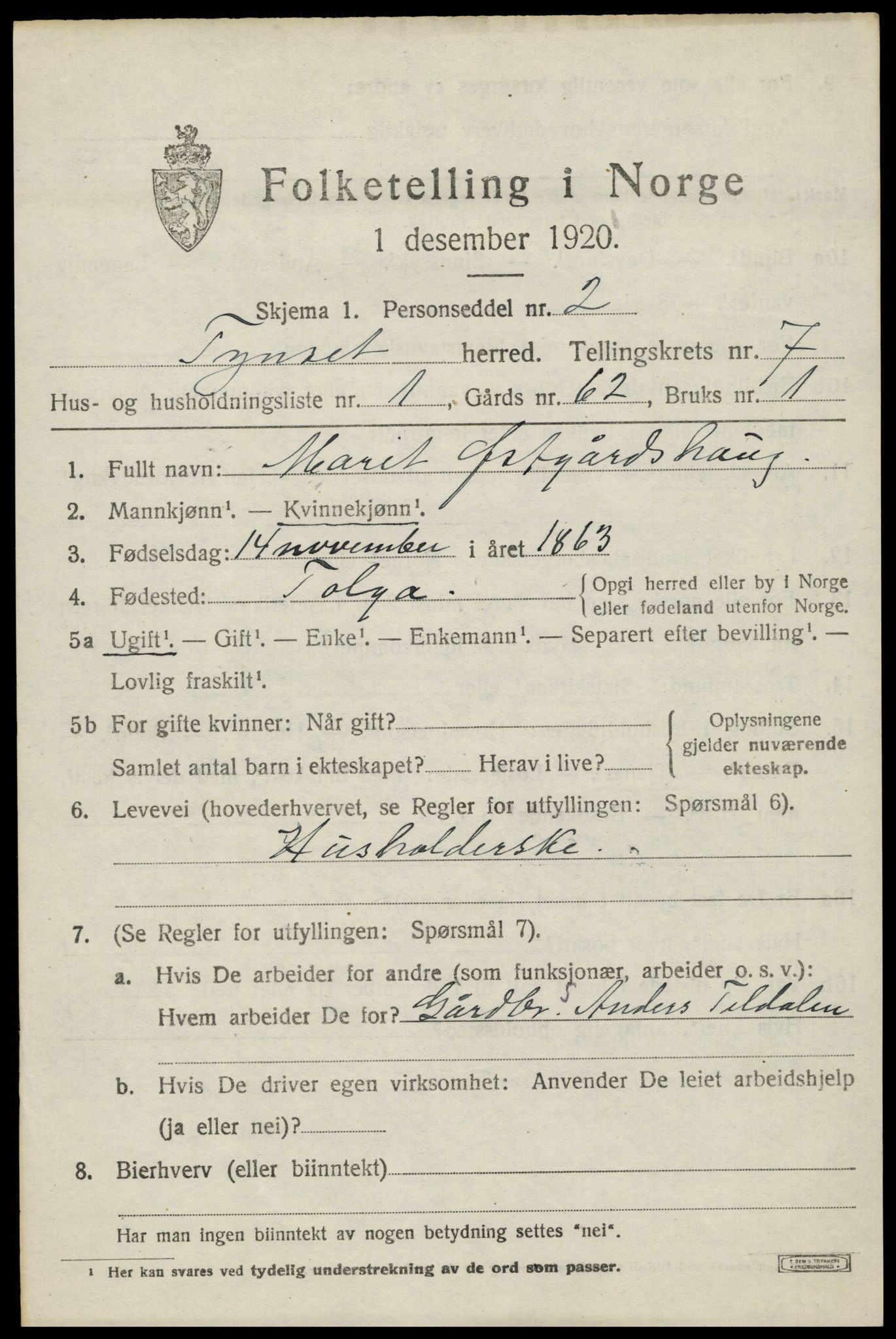 SAH, 1920 census for Tynset, 1920, p. 6174