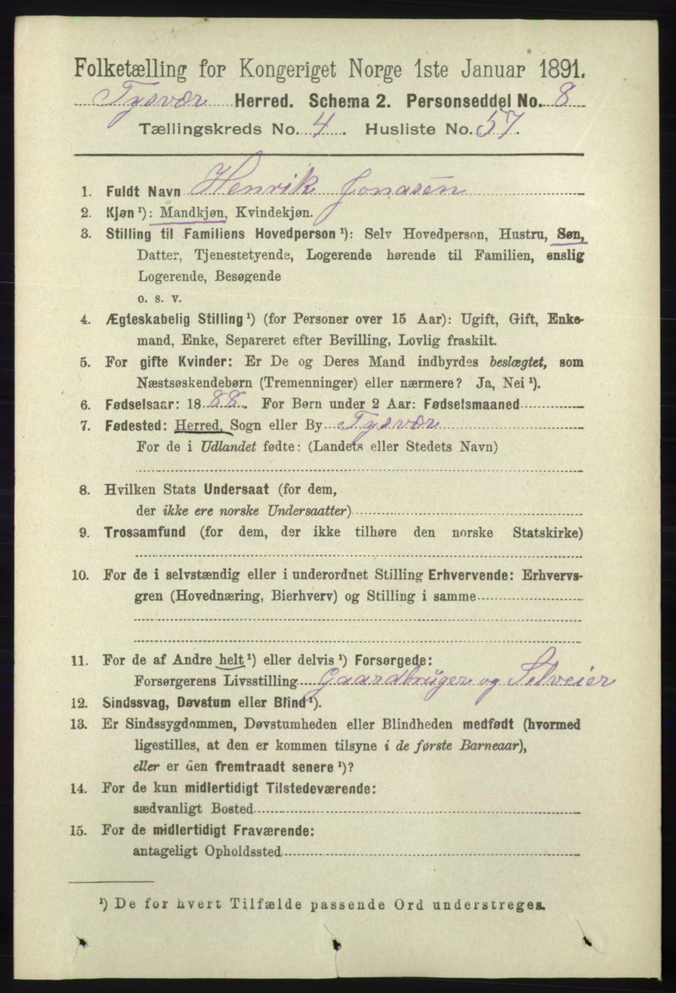 RA, 1891 census for 1146 Tysvær, 1891, p. 1782