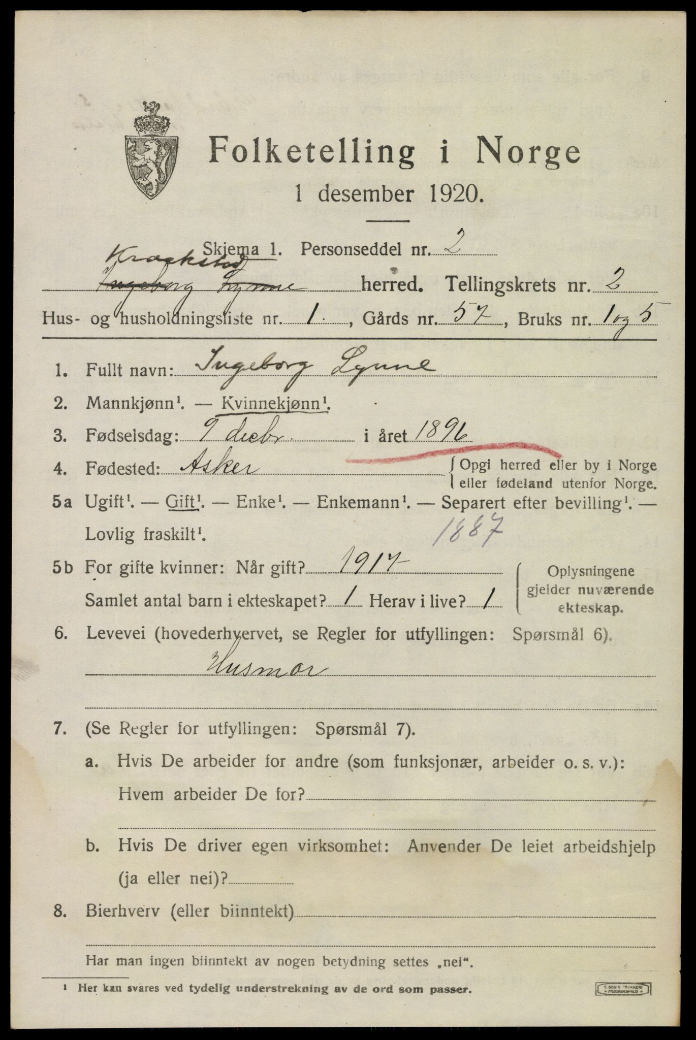 SAO, 1920 census for Kråkstad, 1920, p. 2709