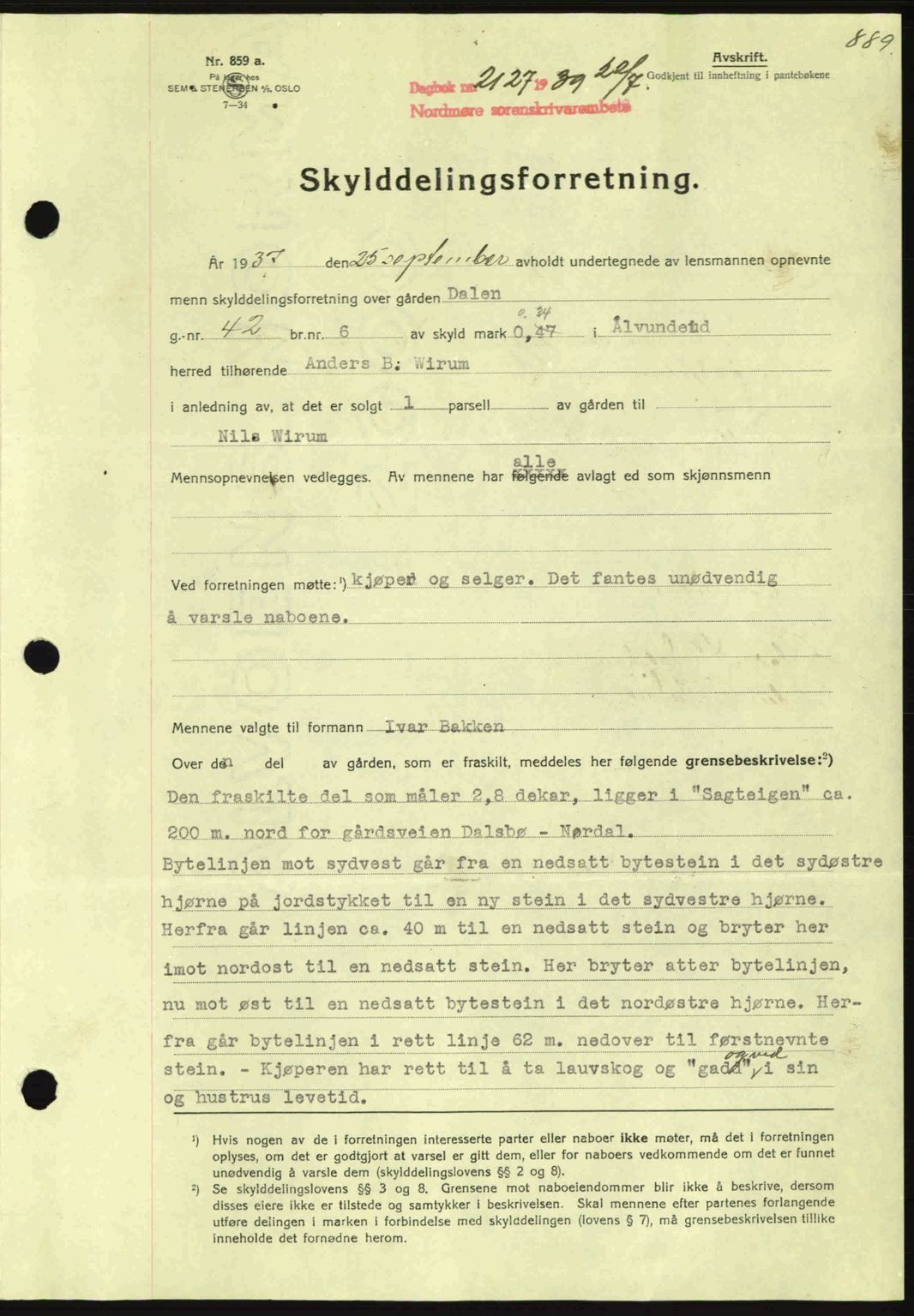 Nordmøre sorenskriveri, AV/SAT-A-4132/1/2/2Ca: Mortgage book no. A86, 1939-1939, Diary no: : 2127/1939