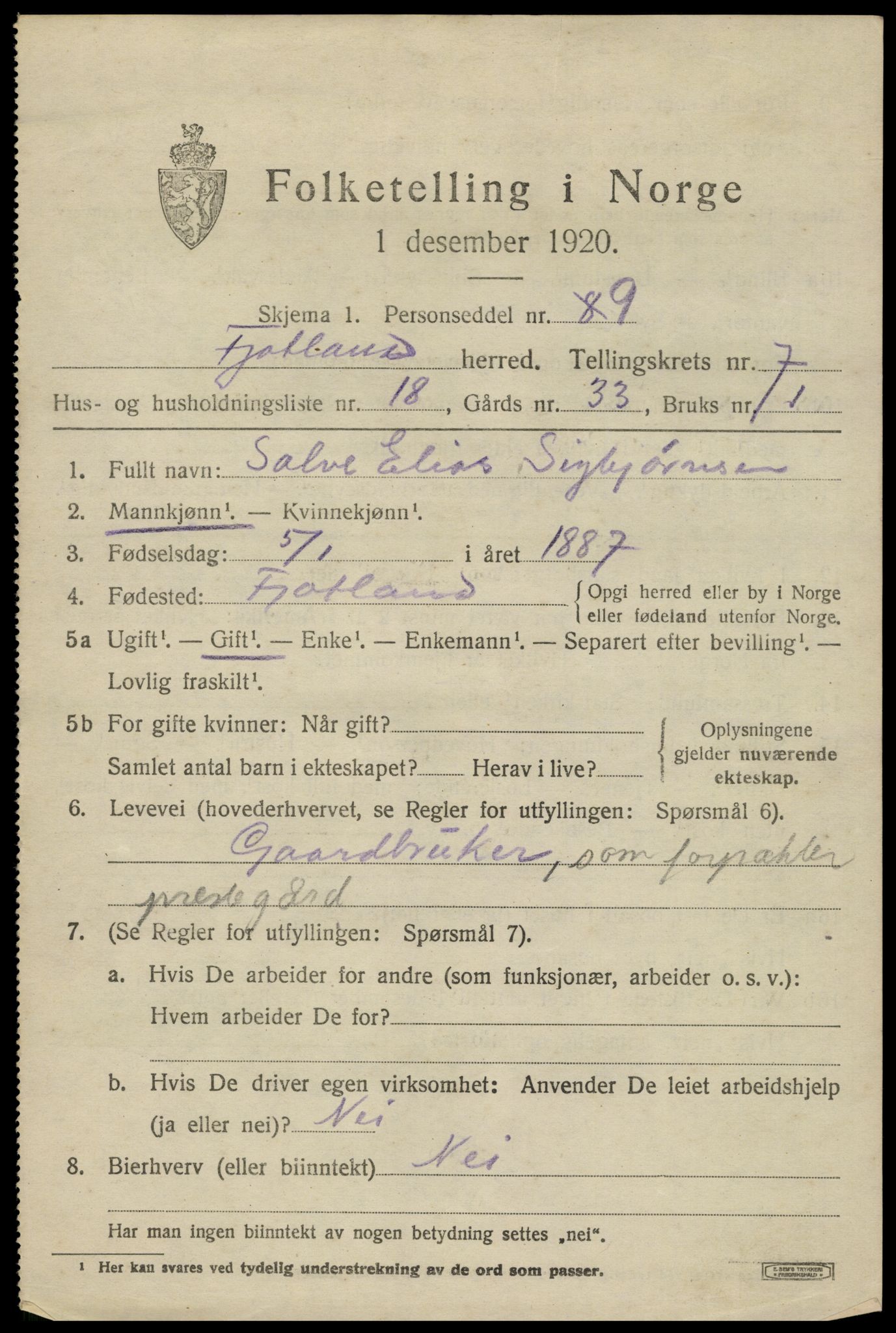 SAK, 1920 census for Fjotland, 1920, p. 1994