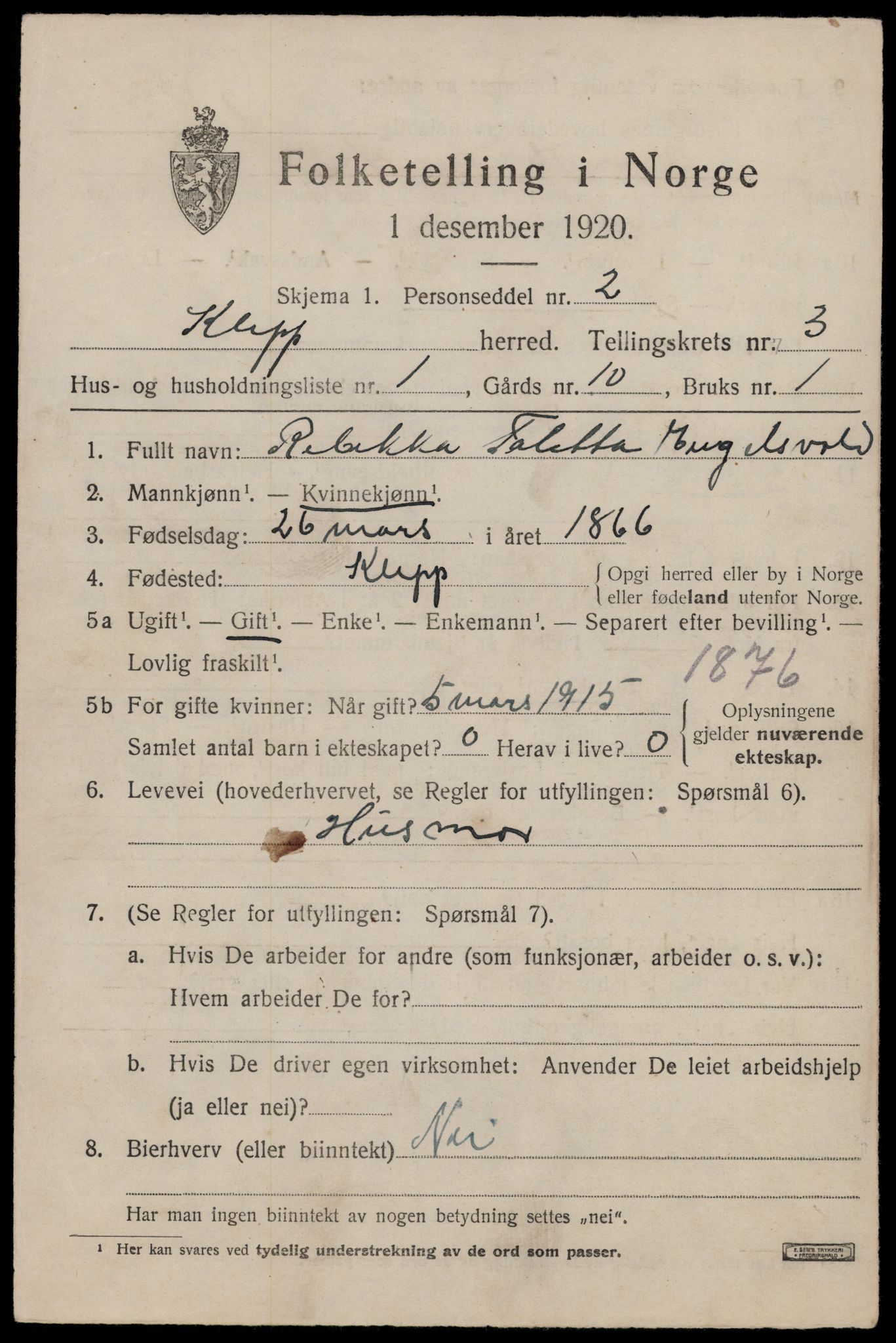 SAST, 1920 census for Klepp, 1920, p. 3186