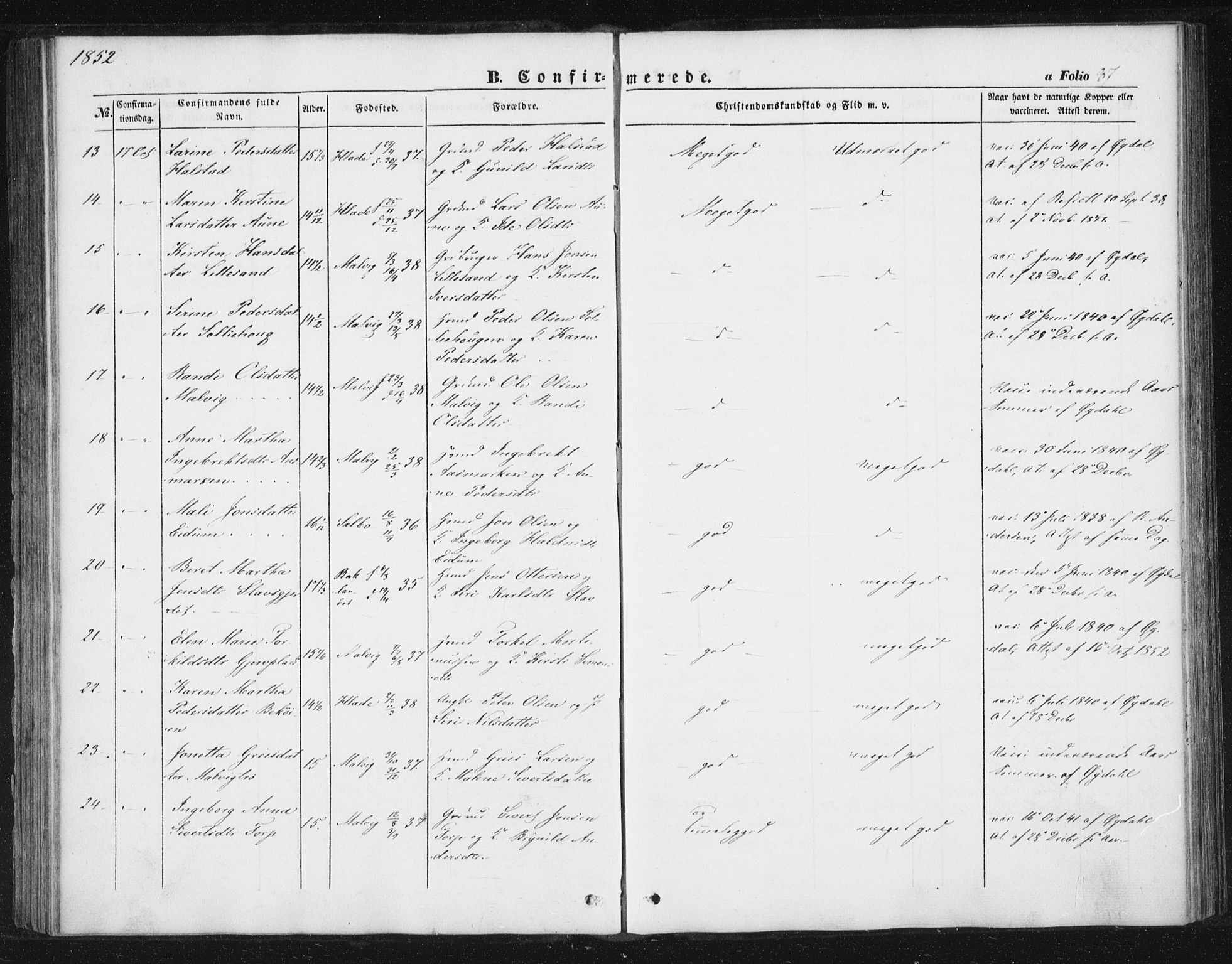 Ministerialprotokoller, klokkerbøker og fødselsregistre - Sør-Trøndelag, AV/SAT-A-1456/616/L0407: Parish register (official) no. 616A04, 1848-1856, p. 87