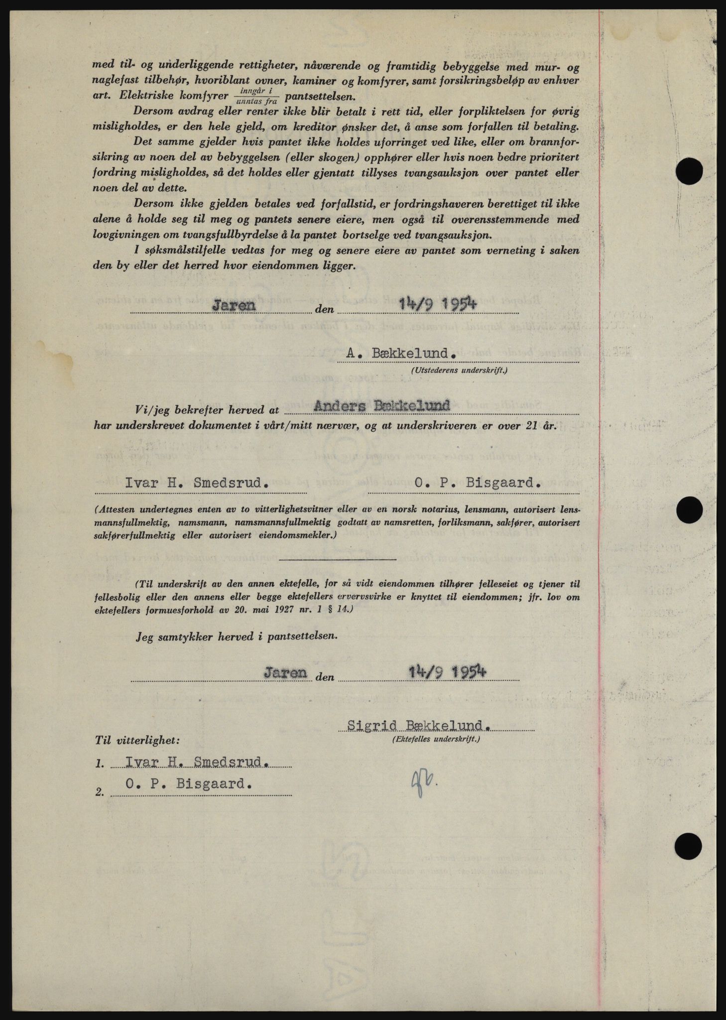 Hadeland og Land tingrett, SAH/TING-010/H/Hb/Hbc/L0030: Mortgage book no. B30, 1954-1954, Diary no: : 3467/1954