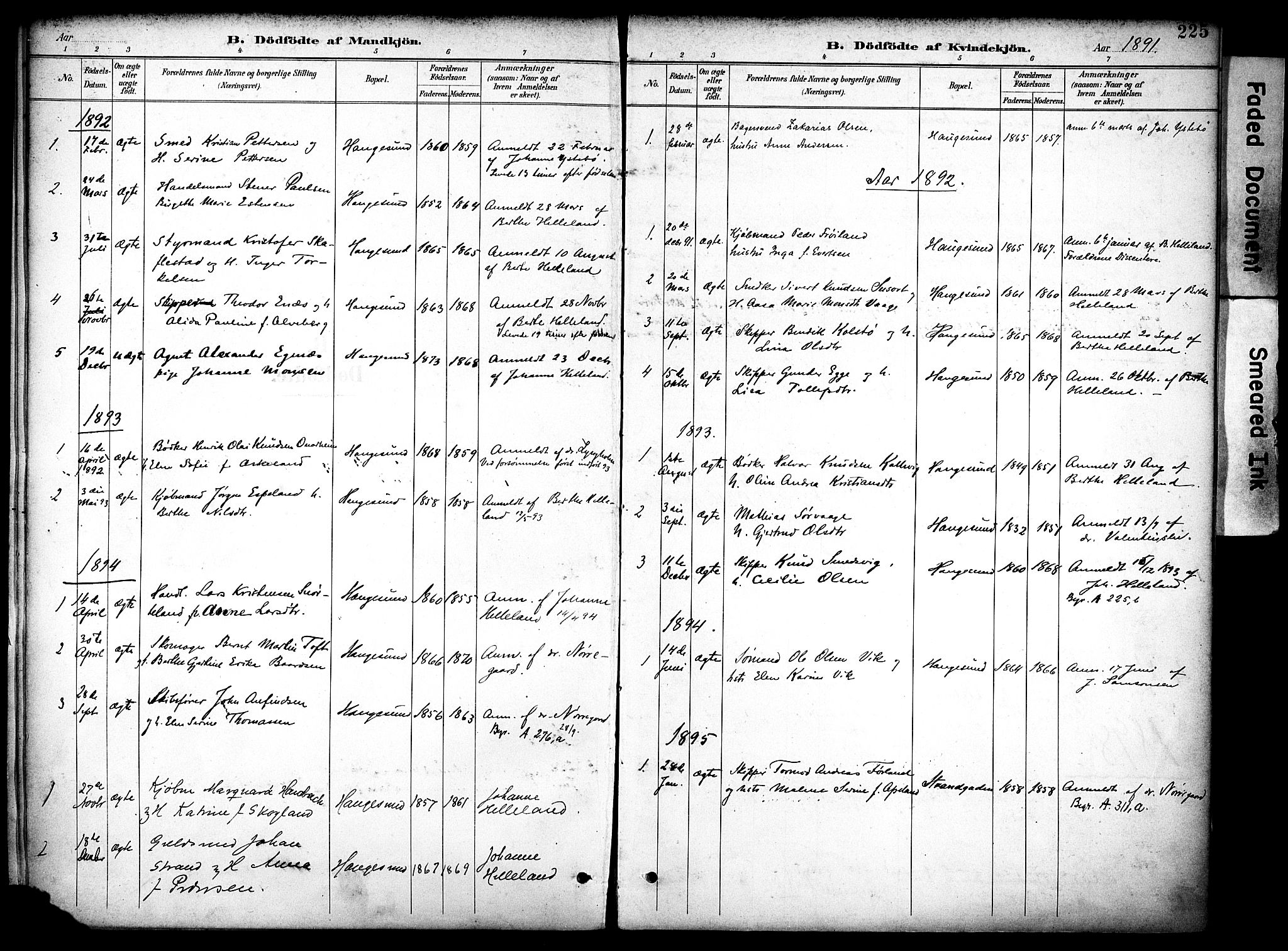 Haugesund sokneprestkontor, AV/SAST-A -101863/H/Ha/Haa/L0006: Parish register (official) no. A 6, 1891-1907, p. 225