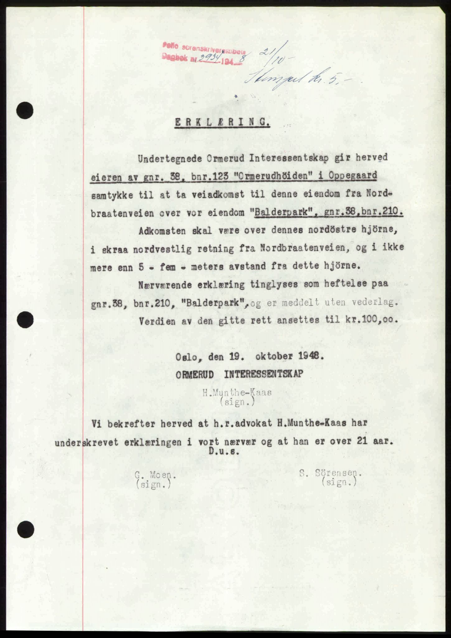Follo sorenskriveri, SAO/A-10274/G/Ga/Gaa/L0085: Mortgage book no. I 85, 1948-1948, Diary no: : 3934/1948