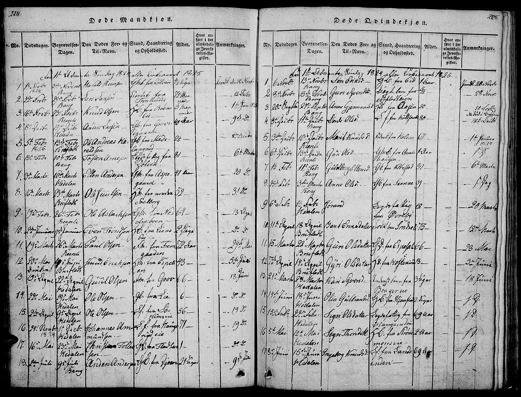 Sør-Aurdal prestekontor, SAH/PREST-128/H/Ha/Hab/L0001: Parish register (copy) no. 1, 1815-1826, p. 224-225