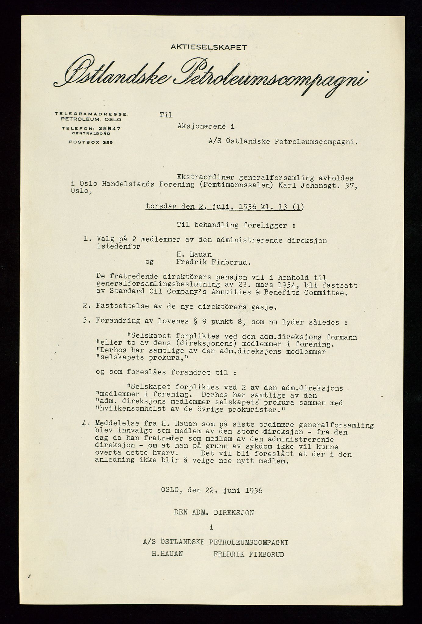PA 1534 - Østlandske Petroleumscompagni A/S, SAST/A-101954/A/Aa/L0002/0005: Generalforsamlinger. / Ekstraordinær generalforsamling, 1936, p. 2