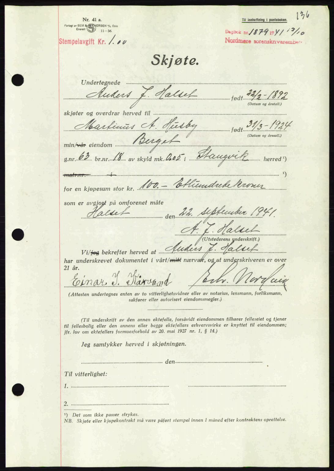 Nordmøre sorenskriveri, AV/SAT-A-4132/1/2/2Ca: Mortgage book no. A91, 1941-1942, Diary no: : 1879/1941