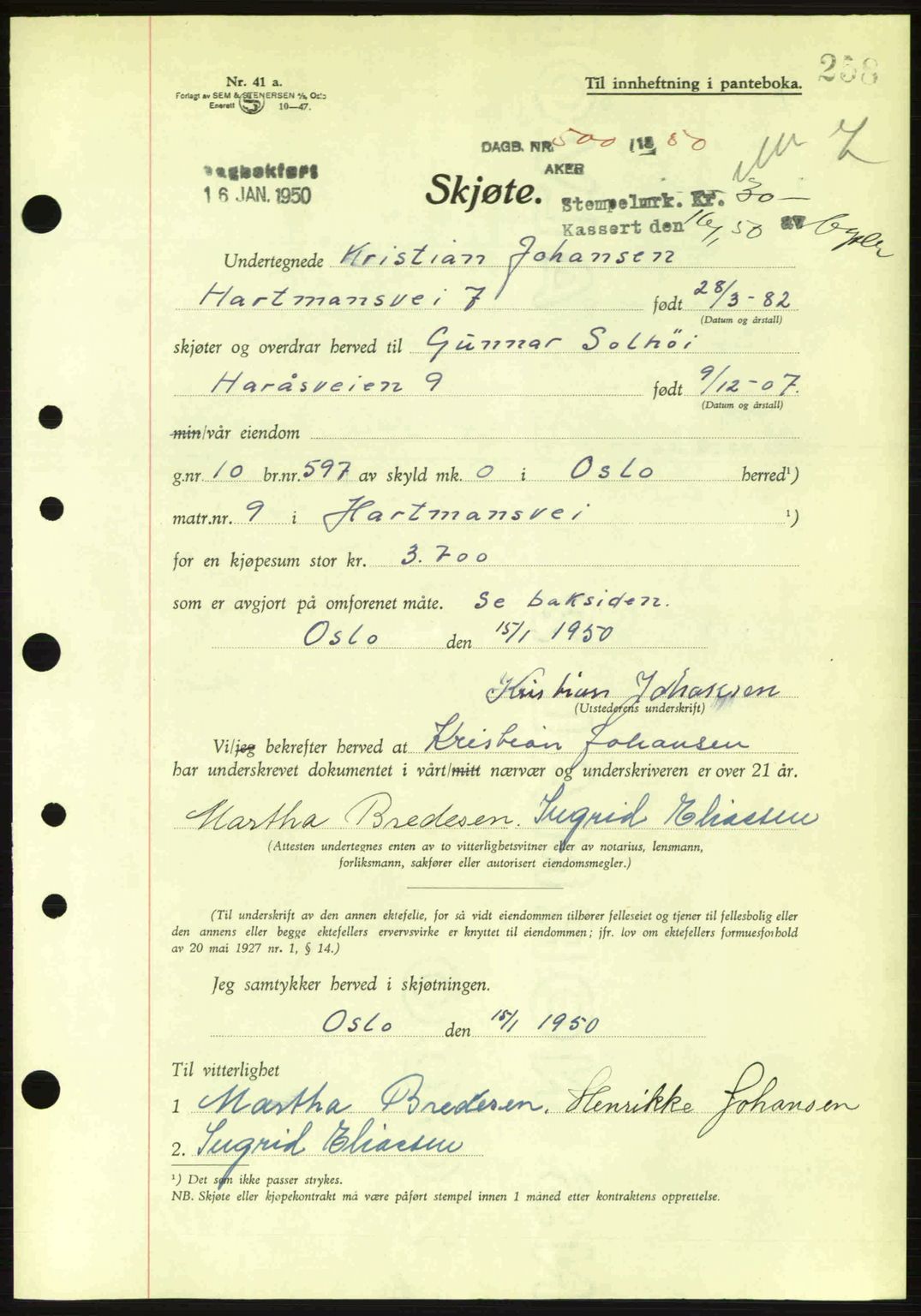 Oslo byskriverembete, AV/SAO-A-10227/G/Gb/Gbd/Gbda/L0017: Mortgage book no. A215, 1949-1950, Diary no: : 500/1950