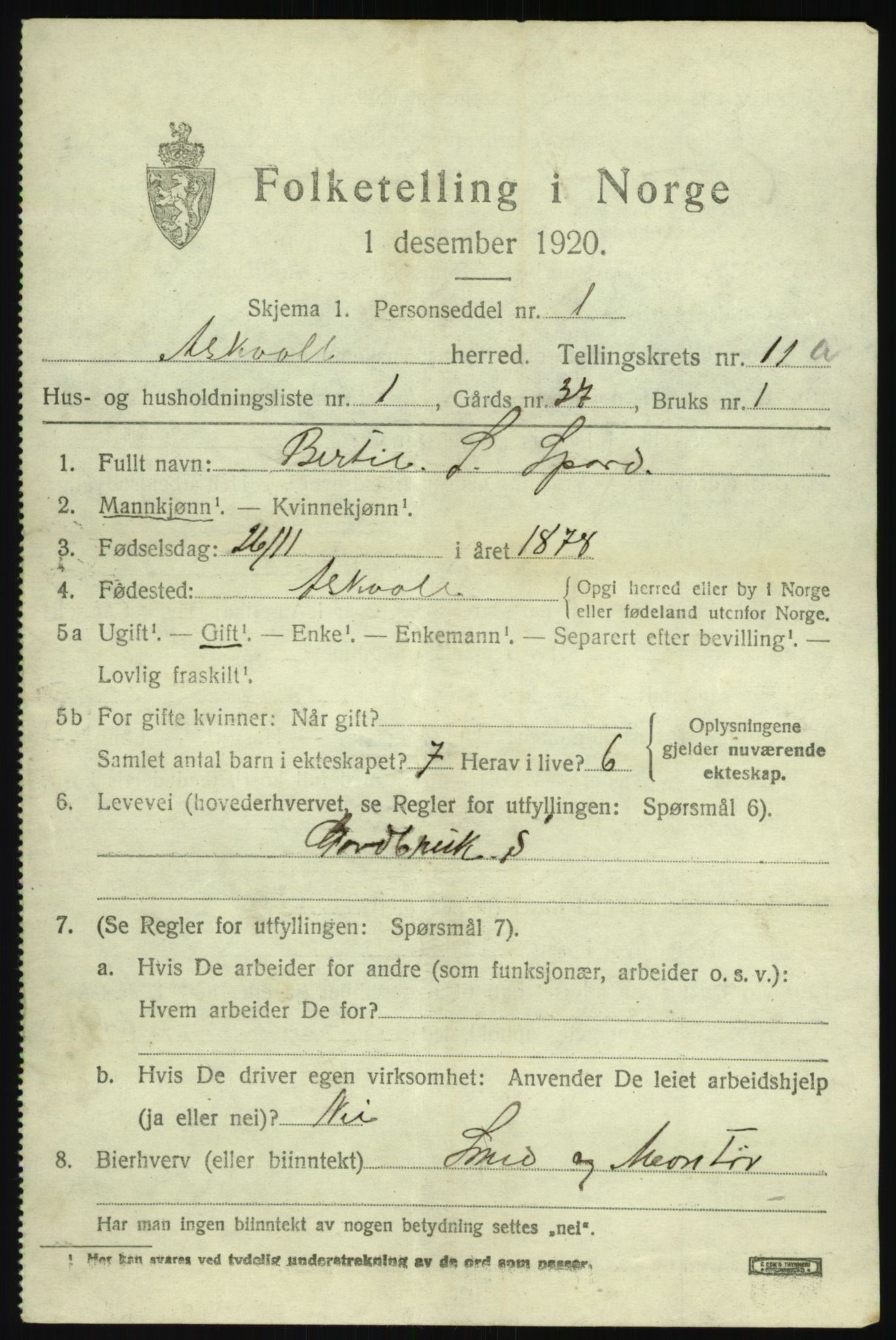 SAB, 1920 census for Askvoll, 1920, p. 4396