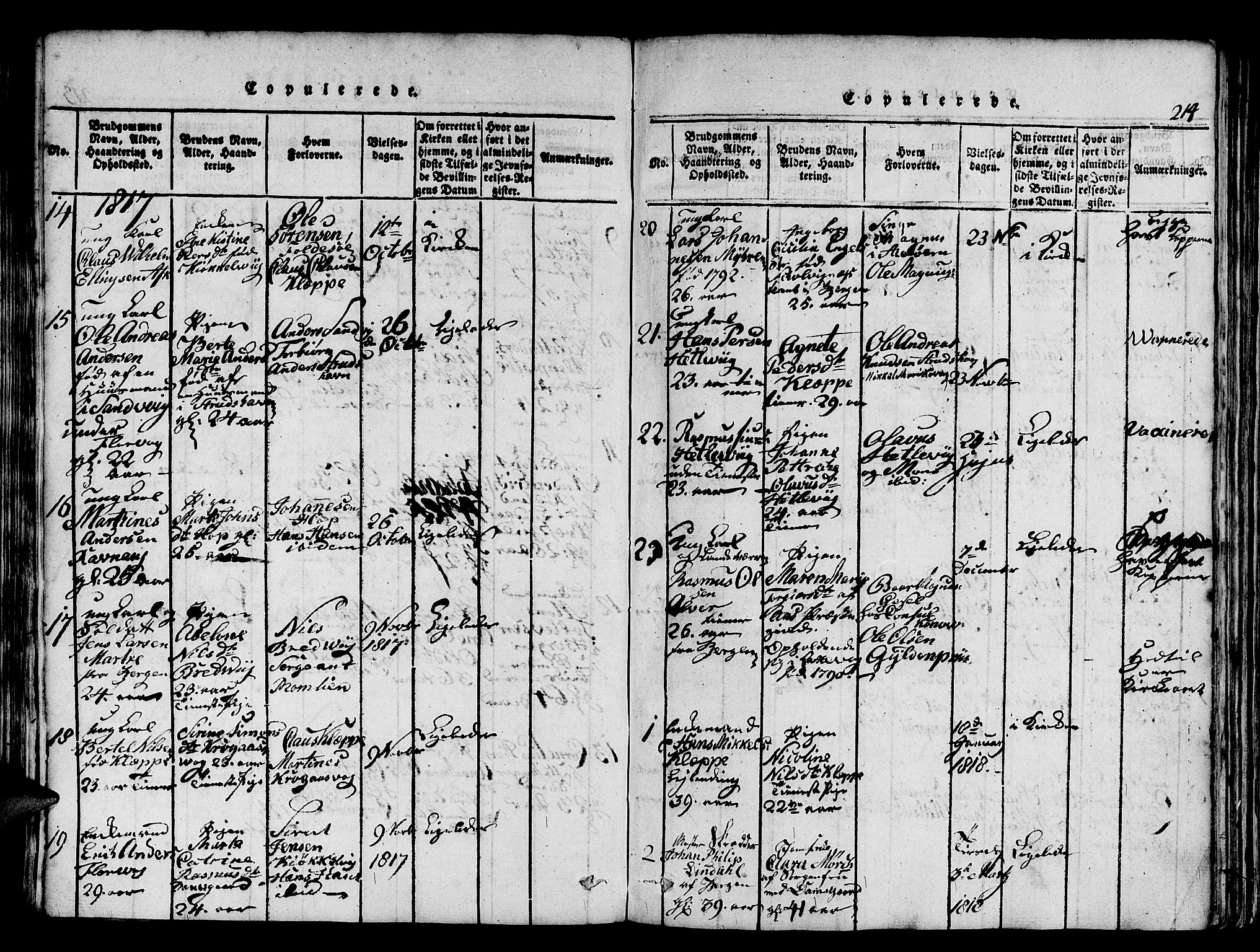 Askøy Sokneprestembete, SAB/A-74101/H/Ha/Haa/Haaa/L0003: Parish register (official) no. A 3, 1815-1825, p. 214