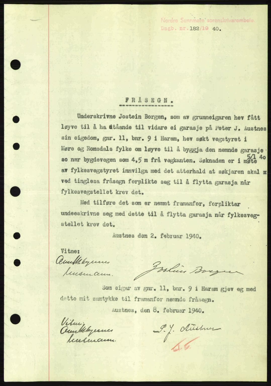 Nordre Sunnmøre sorenskriveri, SAT/A-0006/1/2/2C/2Ca: Mortgage book no. B1-6, 1938-1942, Diary no: : 182/1940