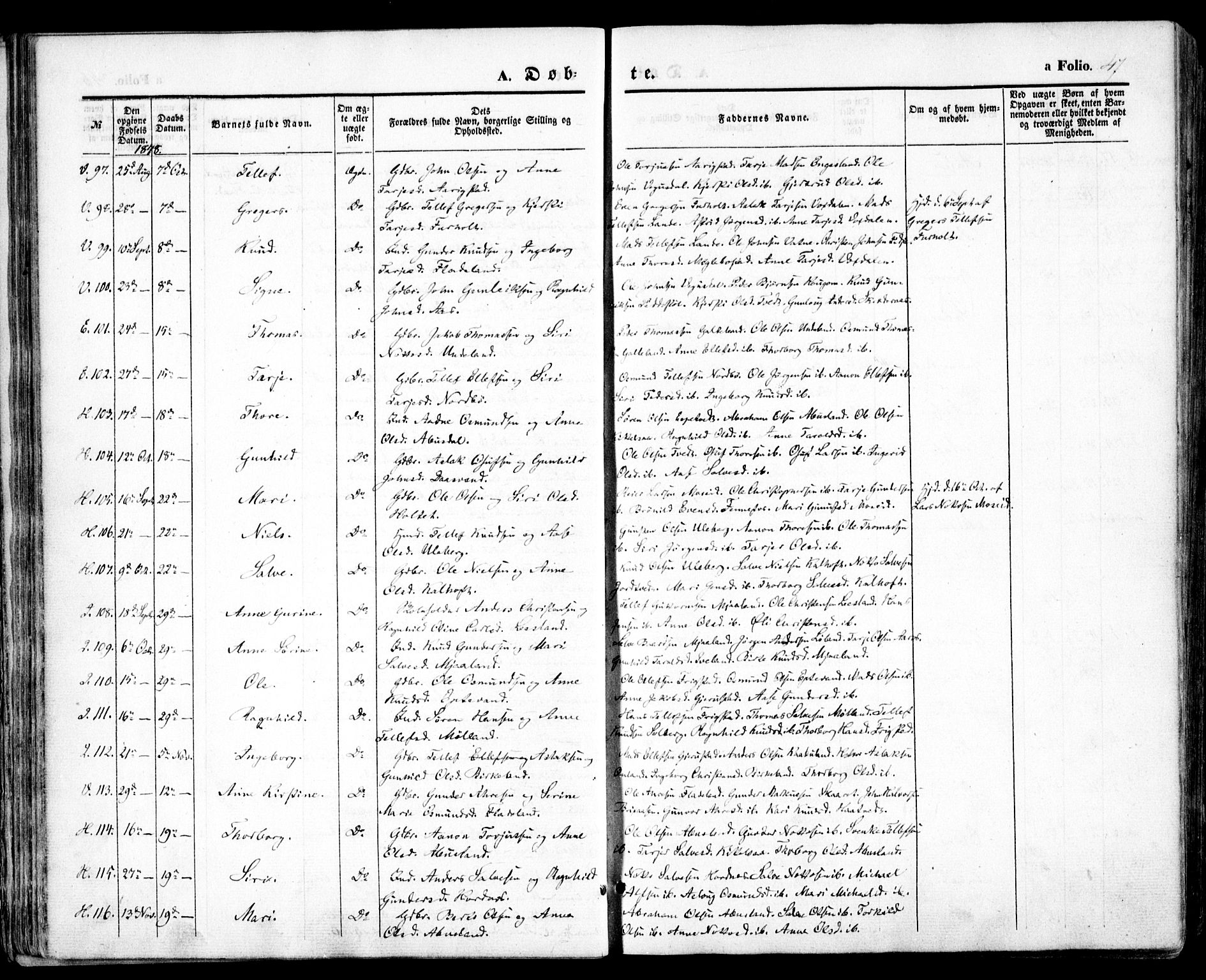 Evje sokneprestkontor, AV/SAK-1111-0008/F/Fa/Faa/L0005: Parish register (official) no. A 5, 1843-1865, p. 47