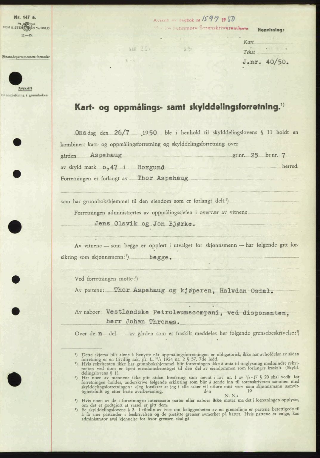 Nordre Sunnmøre sorenskriveri, SAT/A-0006/1/2/2C/2Ca: Mortgage book no. A35, 1950-1950, Diary no: : 1597/1950
