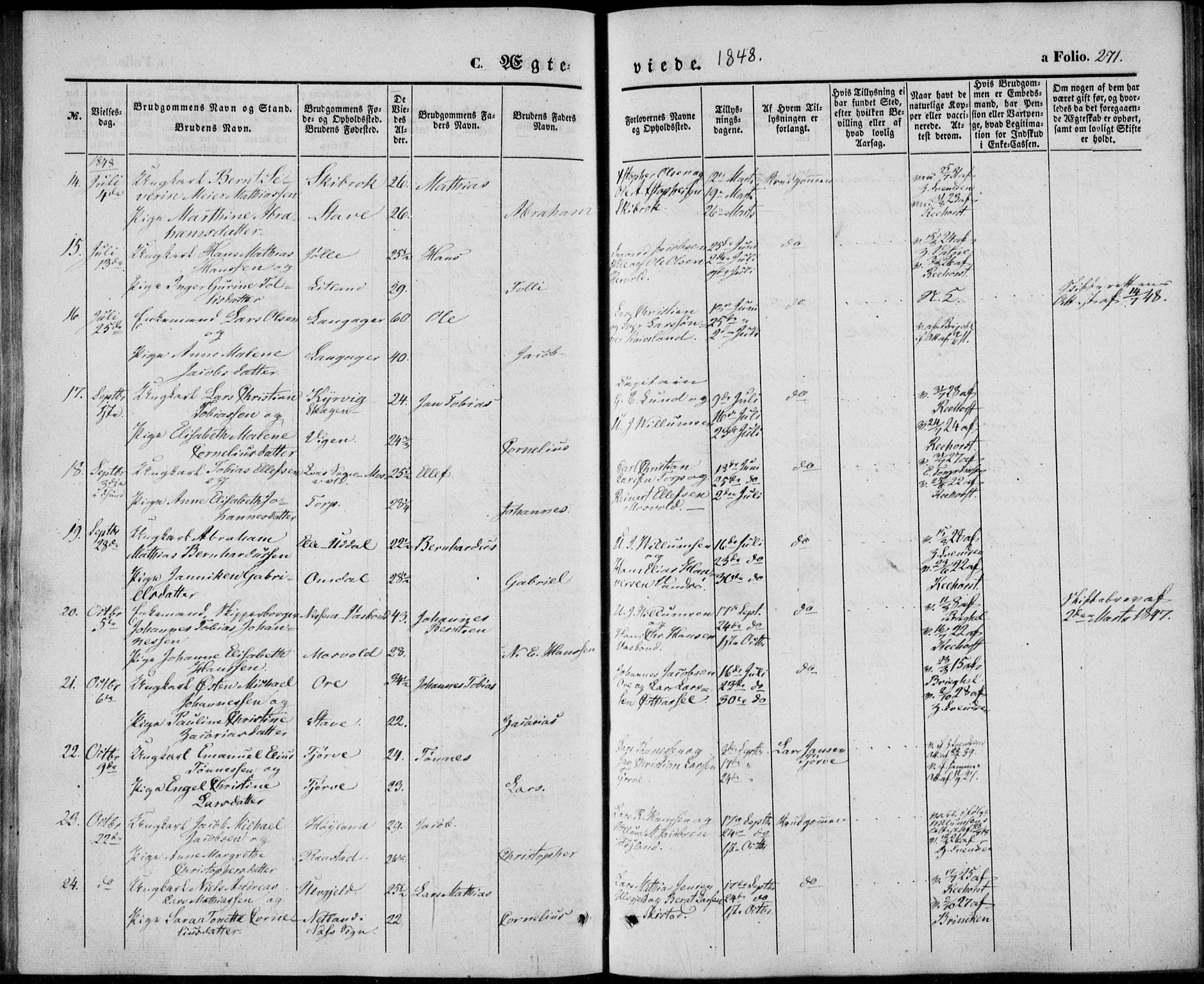 Lista sokneprestkontor, AV/SAK-1111-0027/F/Fb/L0002: Parish register (copy) no. B 2, 1847-1862, p. 271