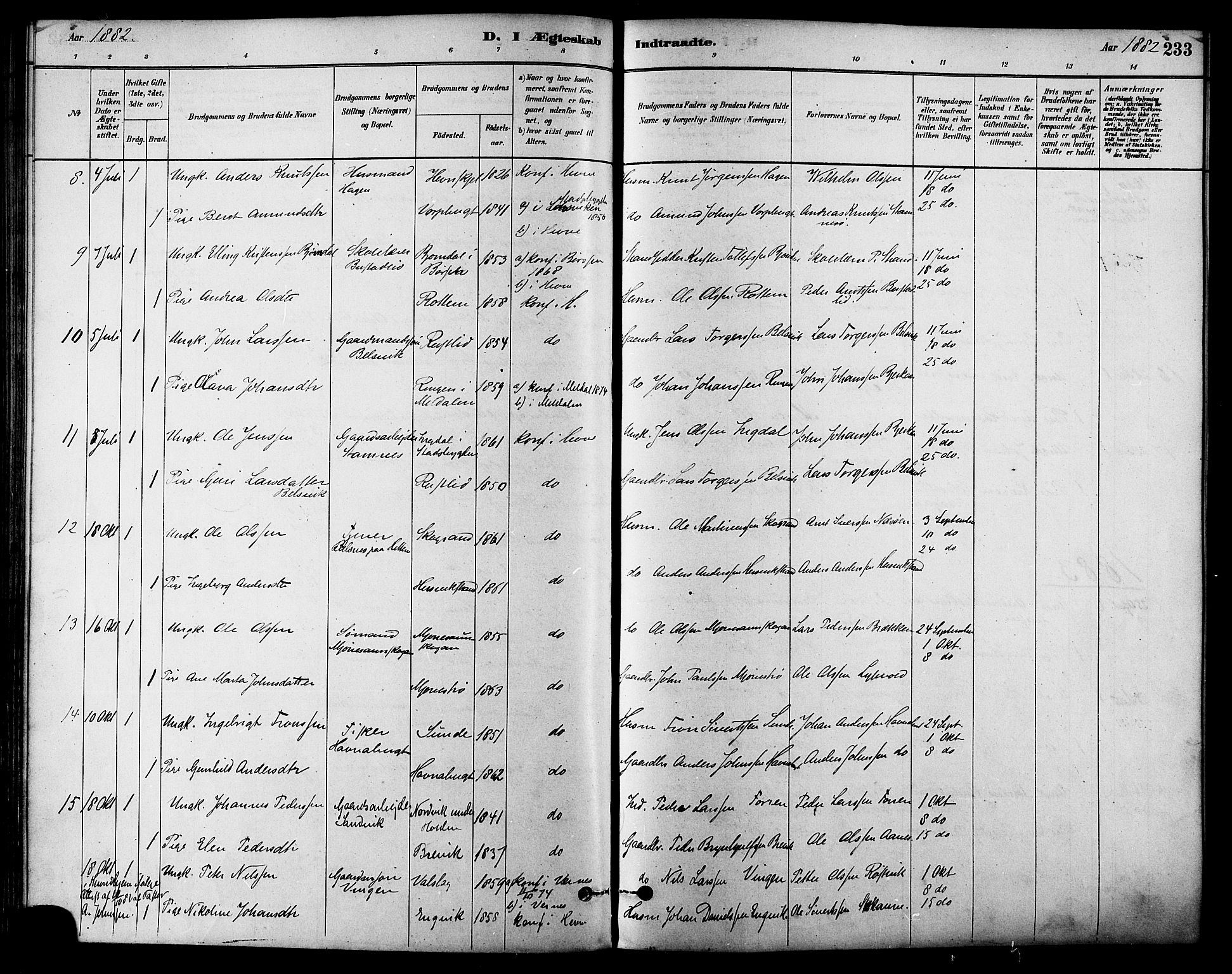 Ministerialprotokoller, klokkerbøker og fødselsregistre - Sør-Trøndelag, AV/SAT-A-1456/630/L0496: Parish register (official) no. 630A09, 1879-1895, p. 233