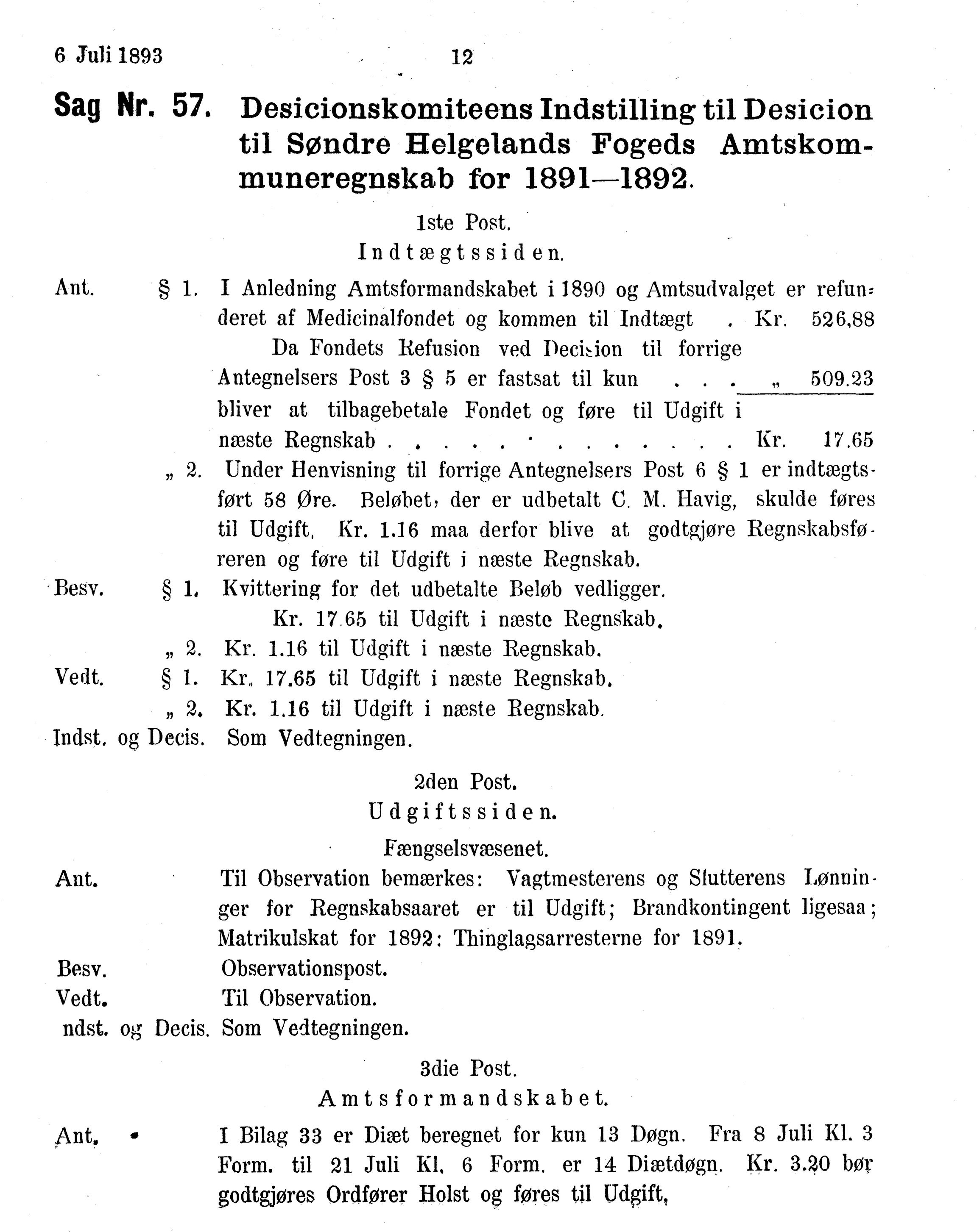 Nordland Fylkeskommune. Fylkestinget, AIN/NFK-17/176/A/Ac/L0016: Fylkestingsforhandlinger 1891-1893, 1891-1893